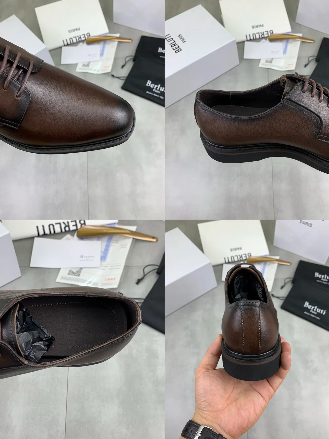 BERLUTI Brown Black Polished Leather Contrast Toe Cap And Sole Derby Shoes