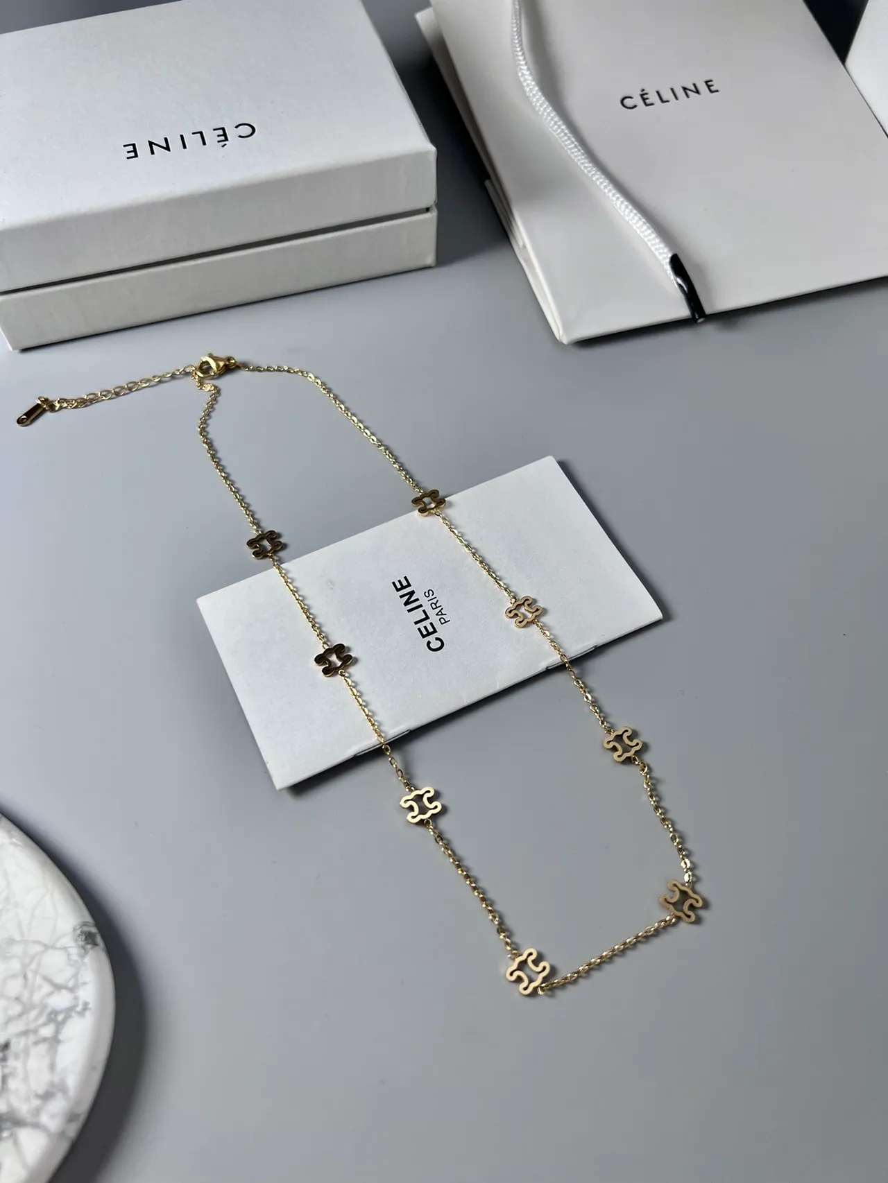 Celine Triomphe Puzzle Motif Gold and Black Enamel Necklace