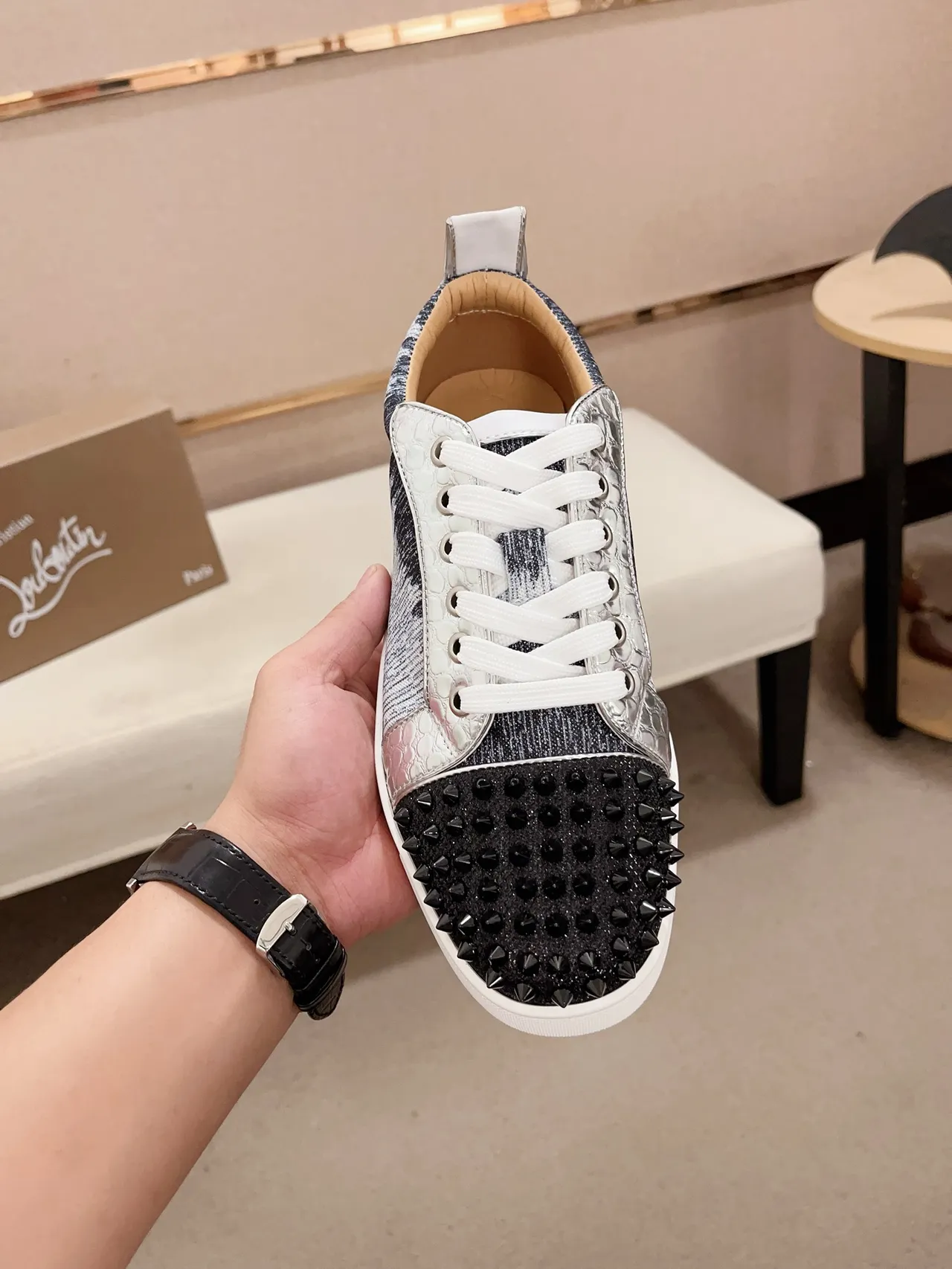 Christian Louboutin Black Blue Spiked Toe Cap Knit Gradient Upper Sneakers