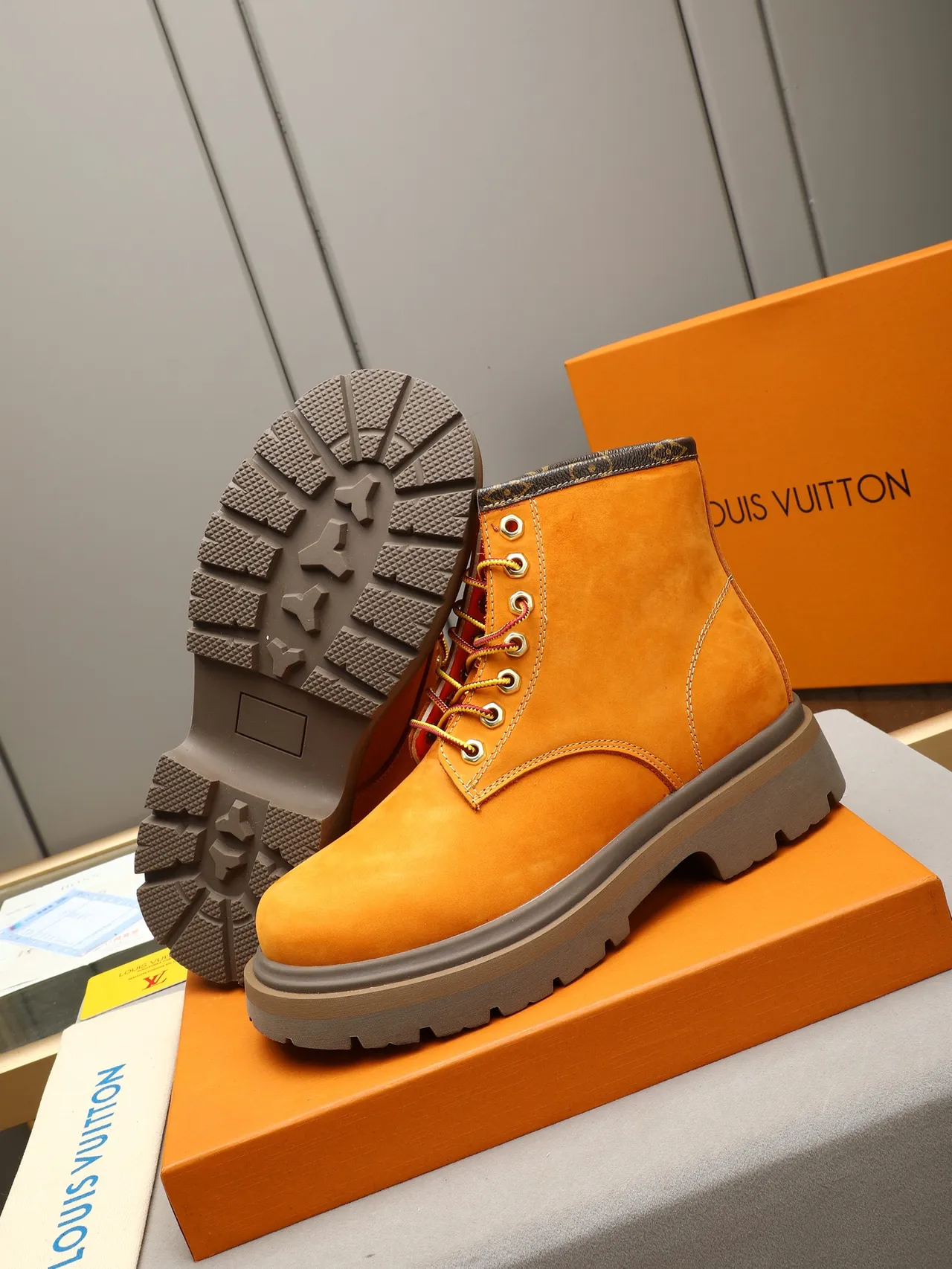 Louis Vuitton Orange Suede Monogram Collar Work Boot