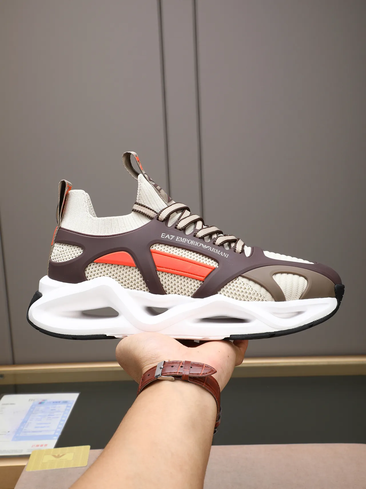 Emporio Armani EA7 Beige Brown Orange Sculpted Midsole Lifestyle Sneaker