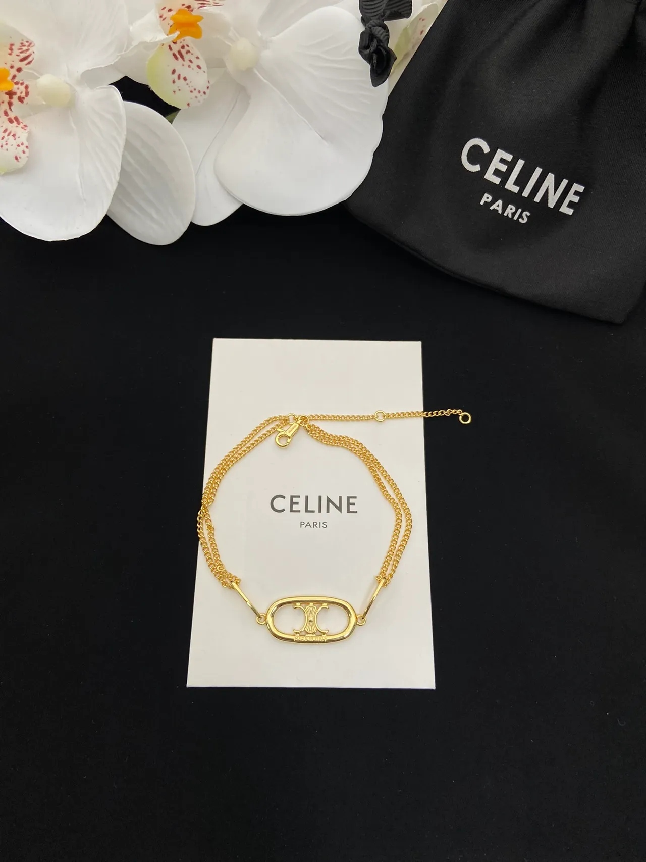 Celine Triomphe Gold White Chain Oval Logo Pendant Necklace