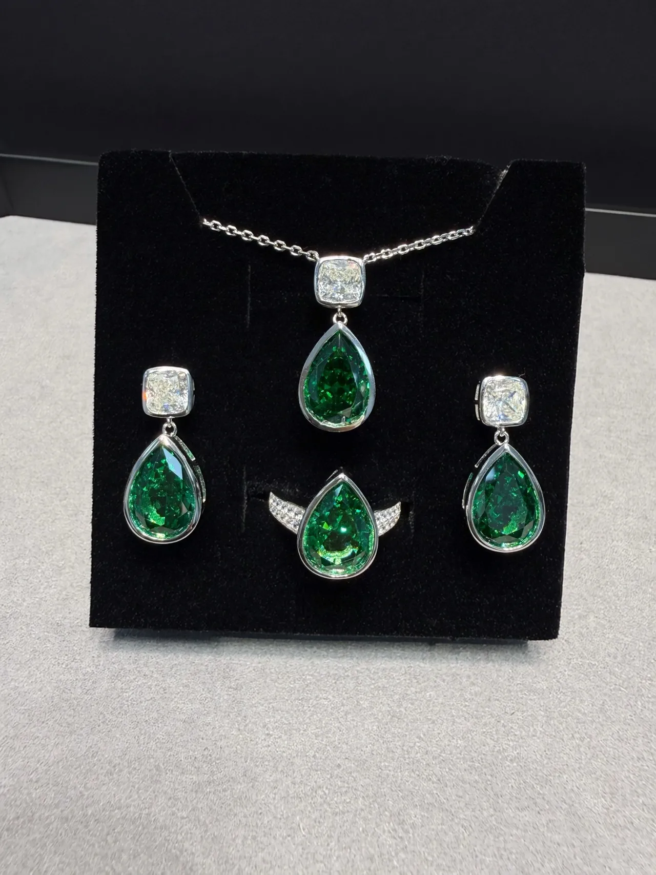 Two-Stone Teardrop Green and Clear Gem Drop Earrings