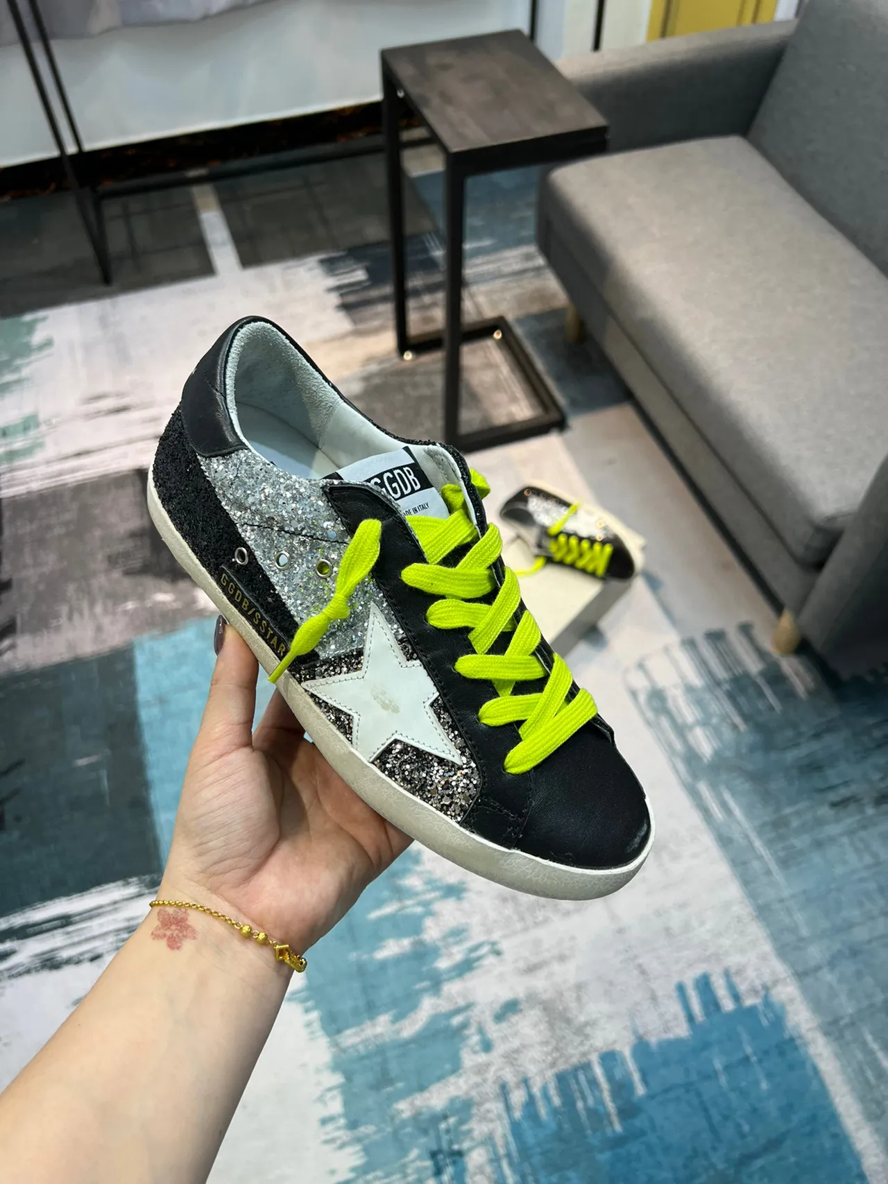 Golden Goose Superstar Black Silver Glitter Neon Yellow Lace-Up Lifestyle Sneakers