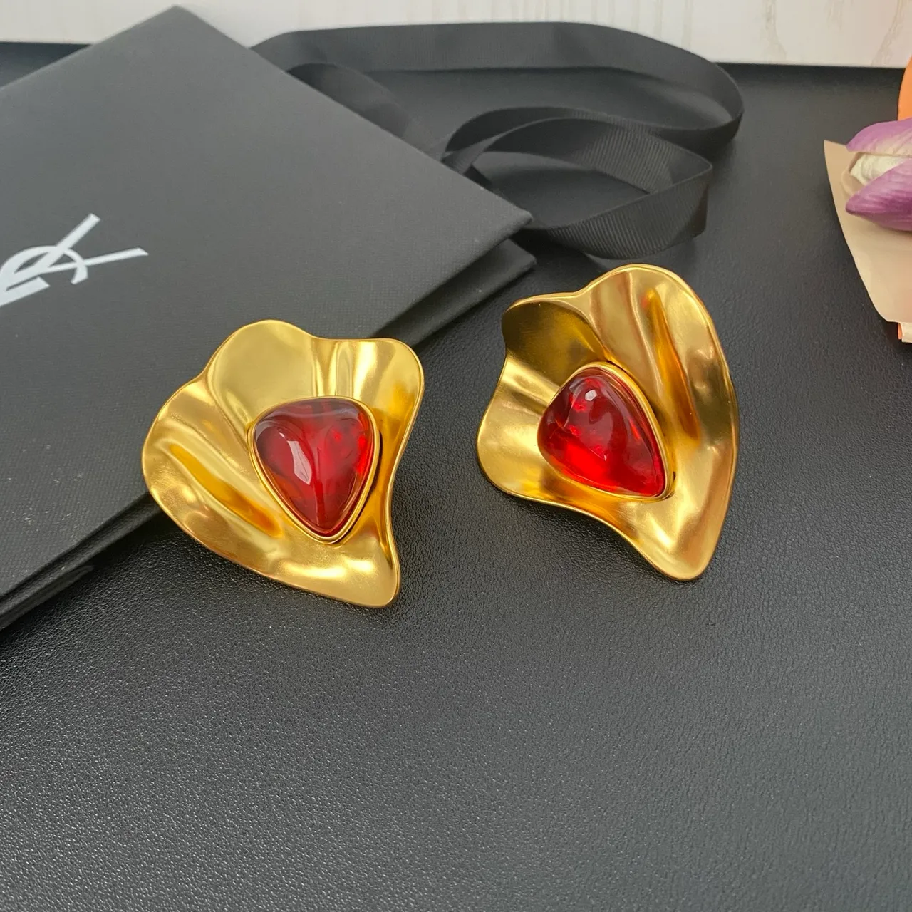 Saint Laurent Gold Green Sculptural Petal-Shaped Metal Frames Teardrop Cabochon Resin Stones Earrings