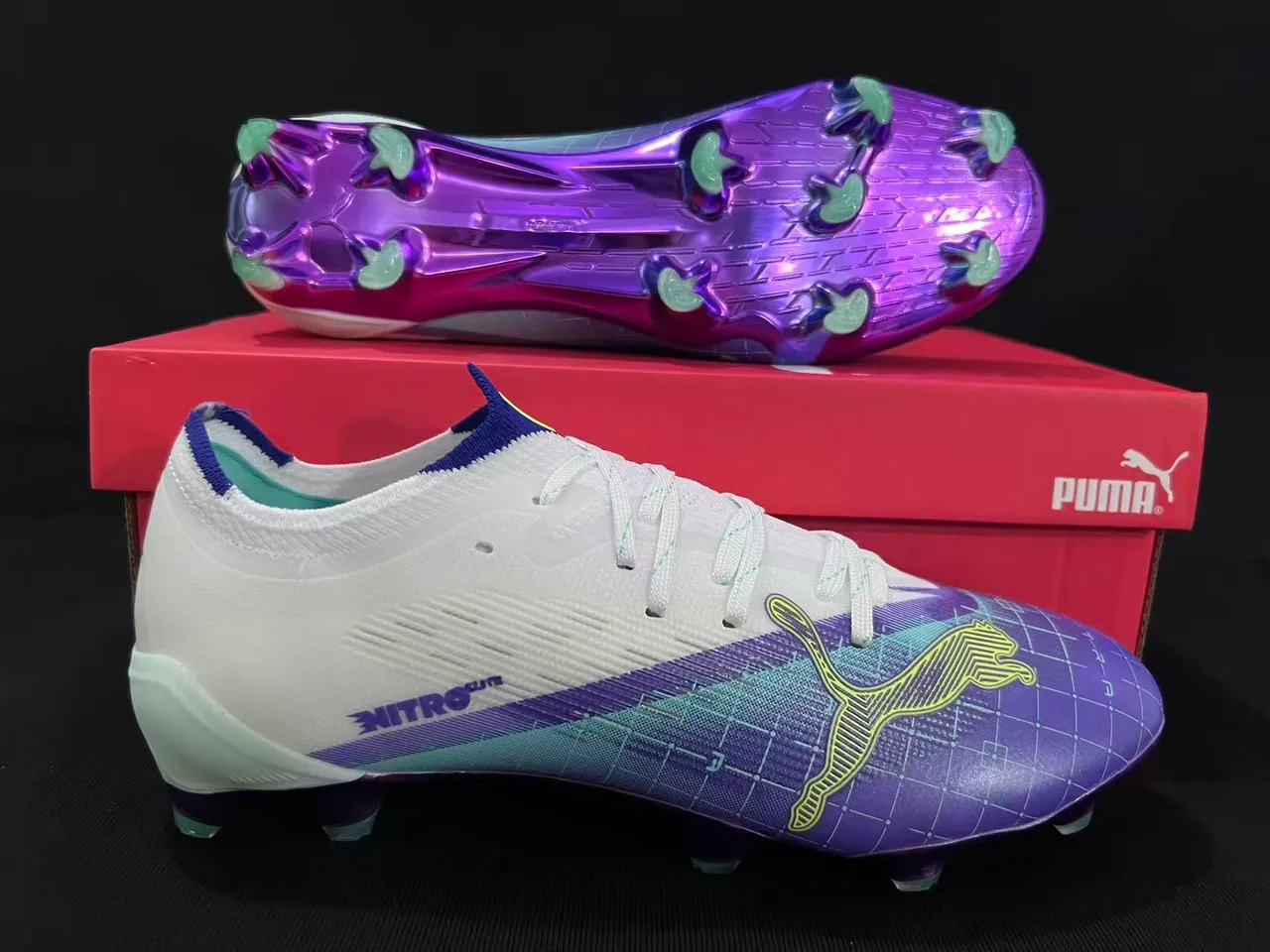 Puma Nitro Purple White Low-Cut Knit Upper Gradient Firm-Ground Soccer Shoes
