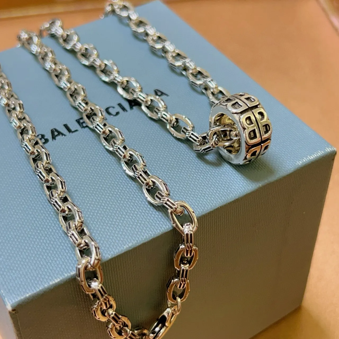 Balenciaga BB Motif Pendant Silver Chain Necklace