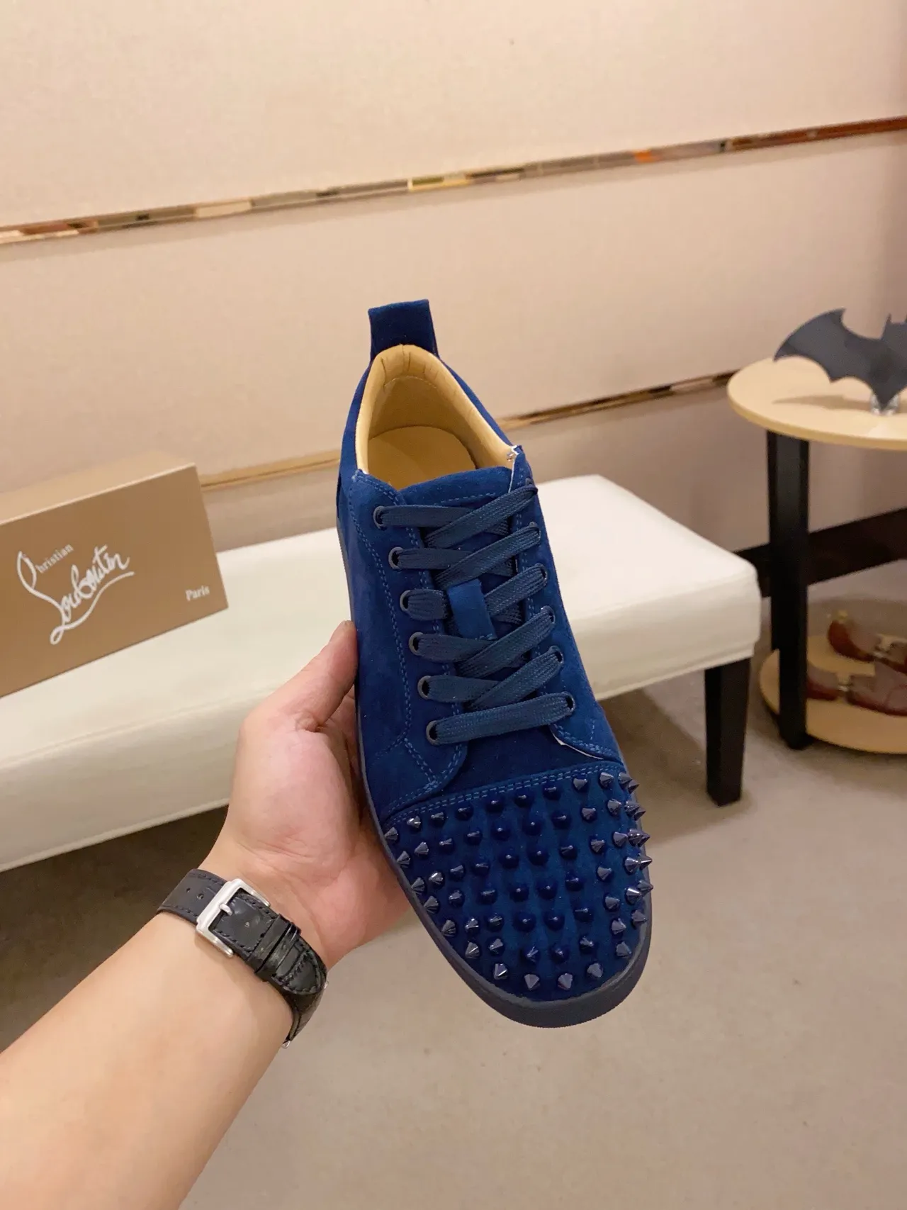 Christian Louboutin Blue Navy Suede Upper Spiked Toe Cap Lifestyle Sneakers