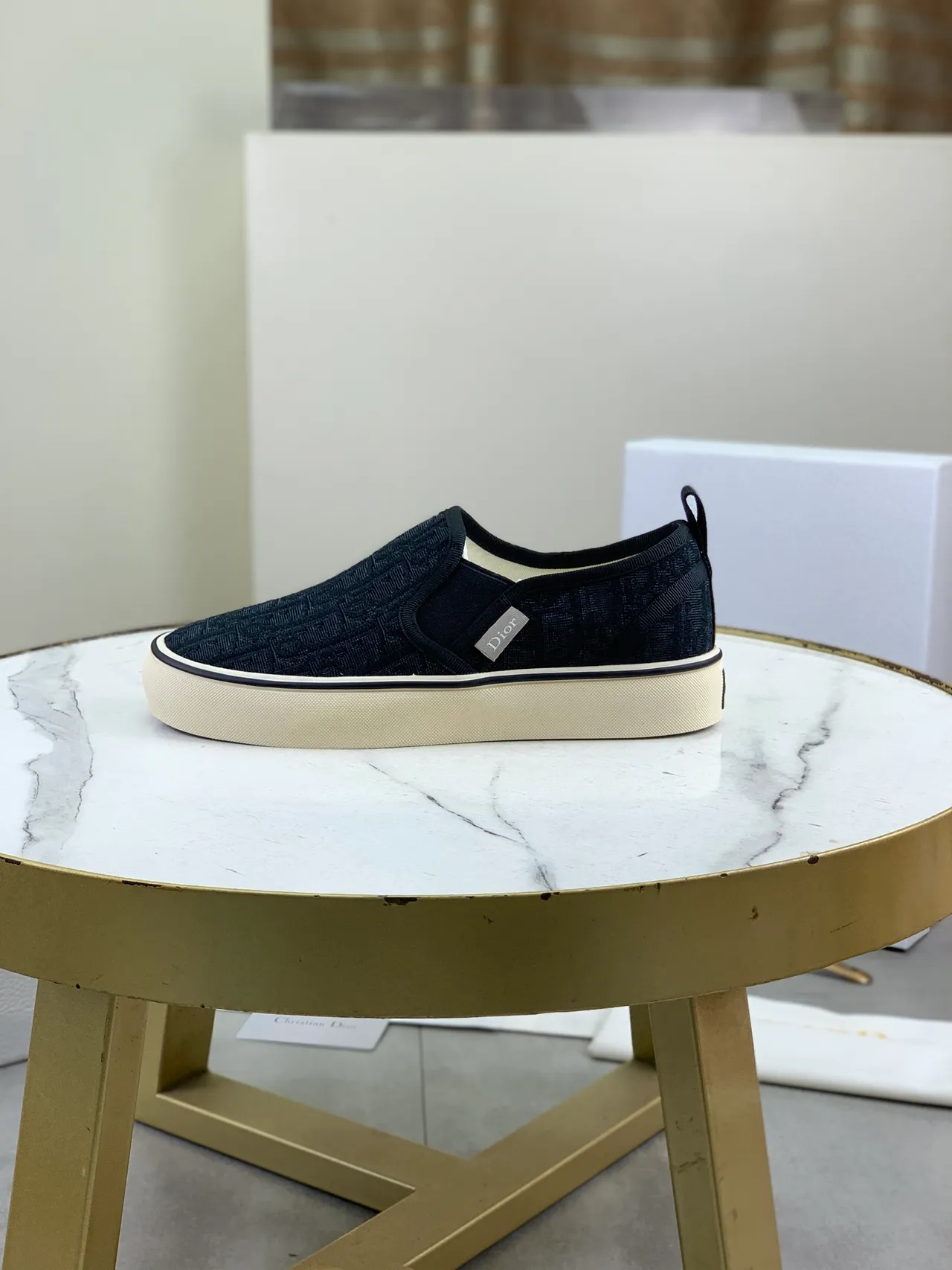Dior Navy Beige Jacquard Oblique Pattern Slip-On Canvas Shoes