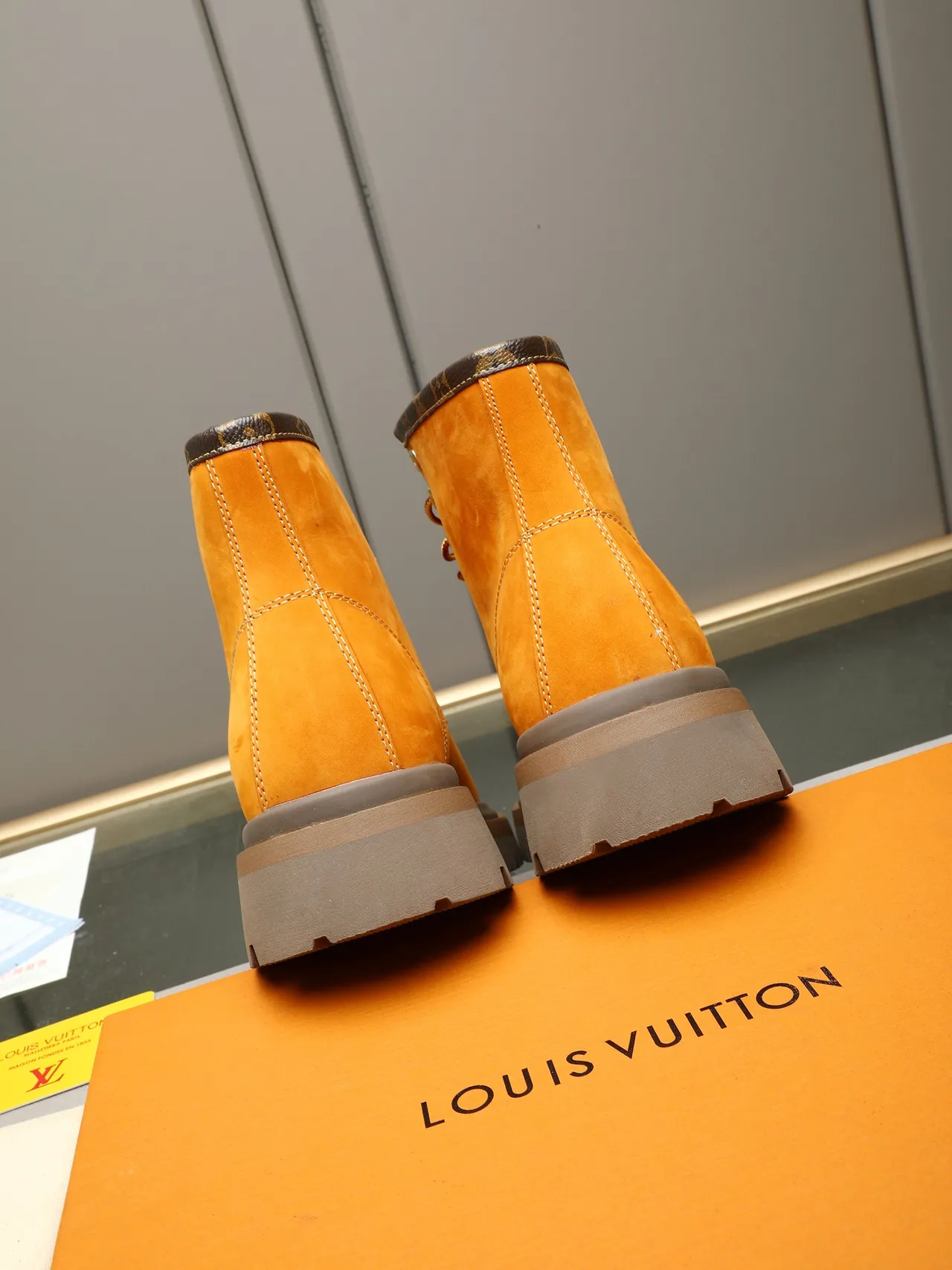 Louis Vuitton Orange Suede Monogram Collar Work Boot
