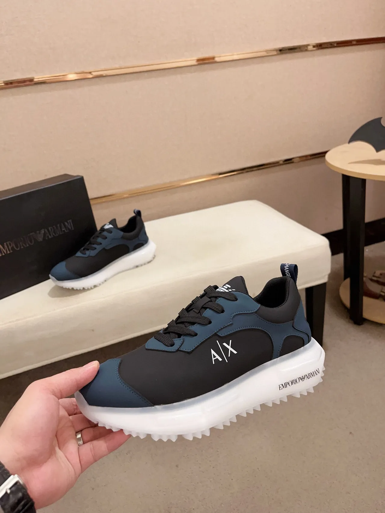Armani Exchange Navy Black Mixed-Material Upper Sculpted Translucent Sole Sneakers