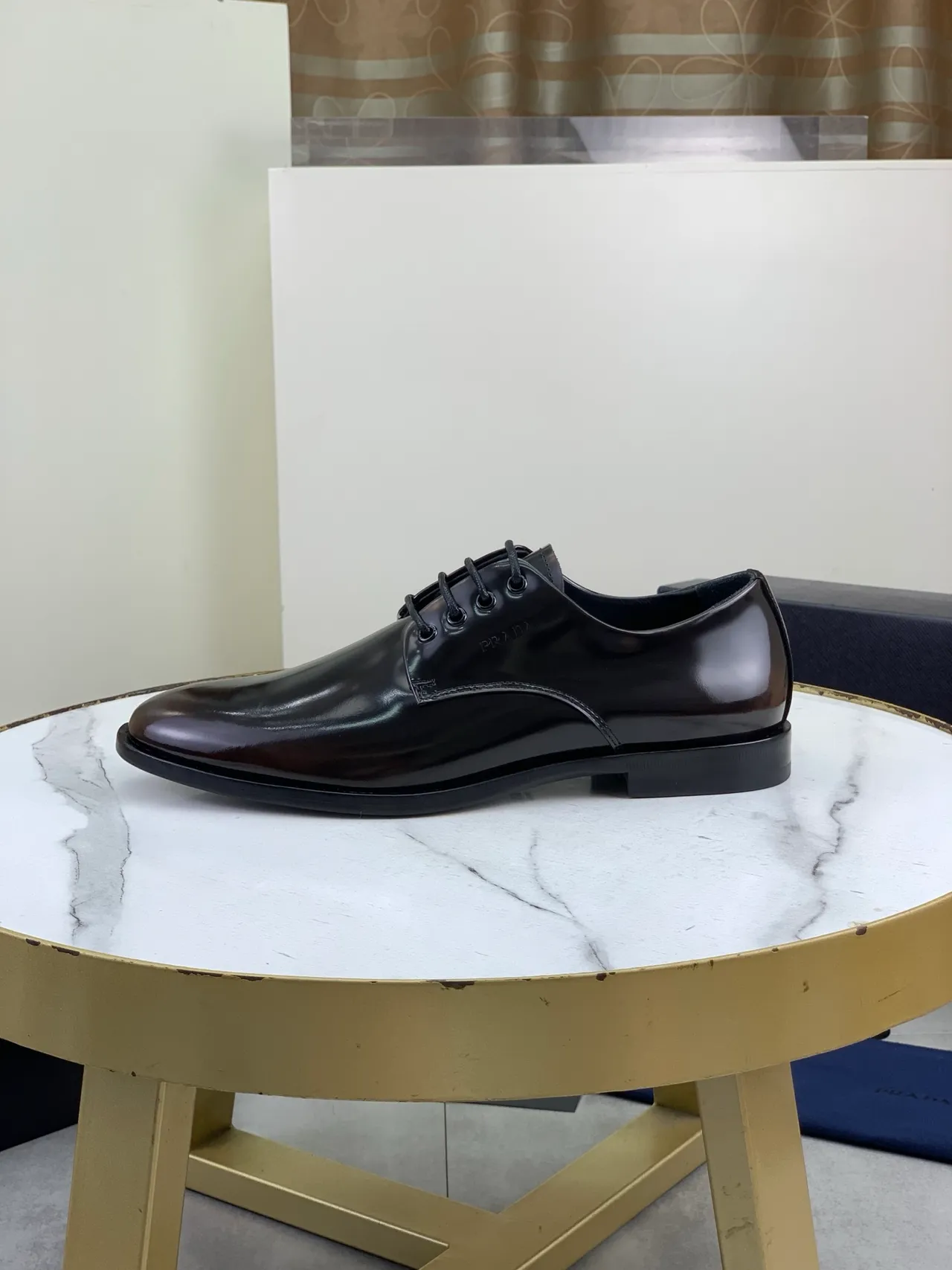 Prada Brown Black High-Gloss Patent Leather Cap-Toe Oxford Shoes