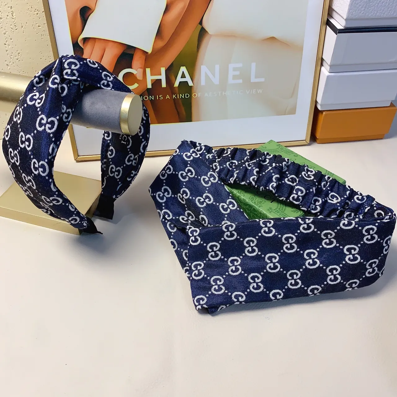 Gucci Multicolor Navy Interlocking GG Monogram Elastic Gathered Center Silk Scarf