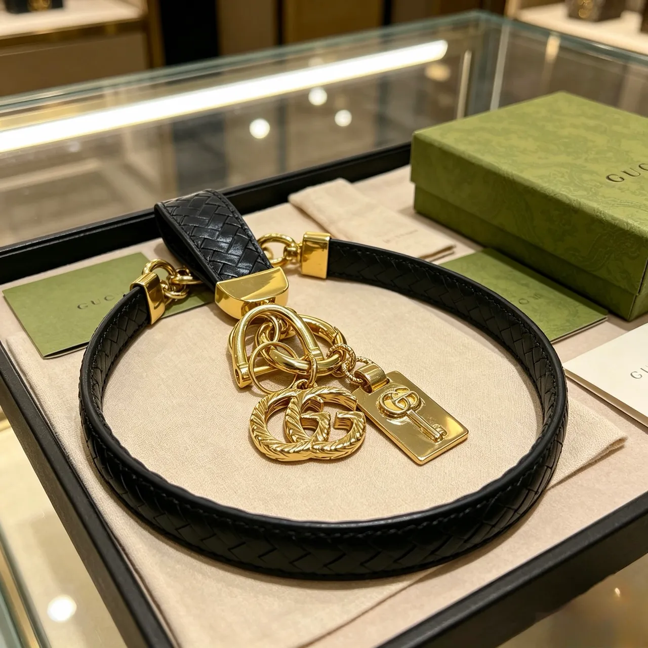 Gucci GG Marmont Black Gold Woven Leather Hardware Saddle Bag