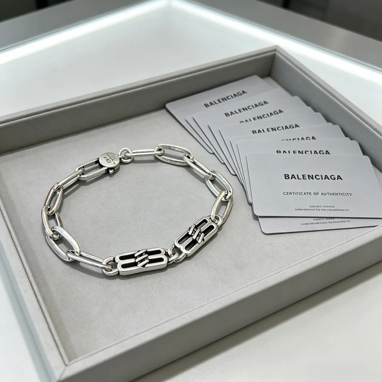 Balenciaga Logo Charm Chunky Link Silver Bracelet