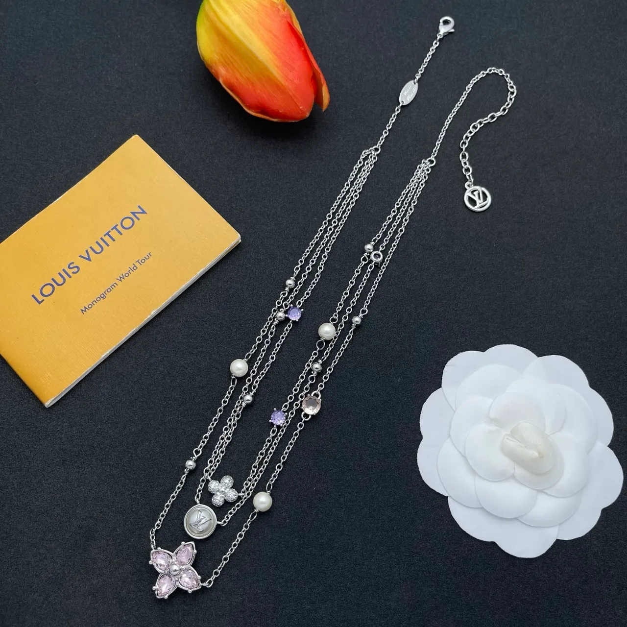 Louis Vuitton Silver Pink Multi-Strand Layered Chain Necklace