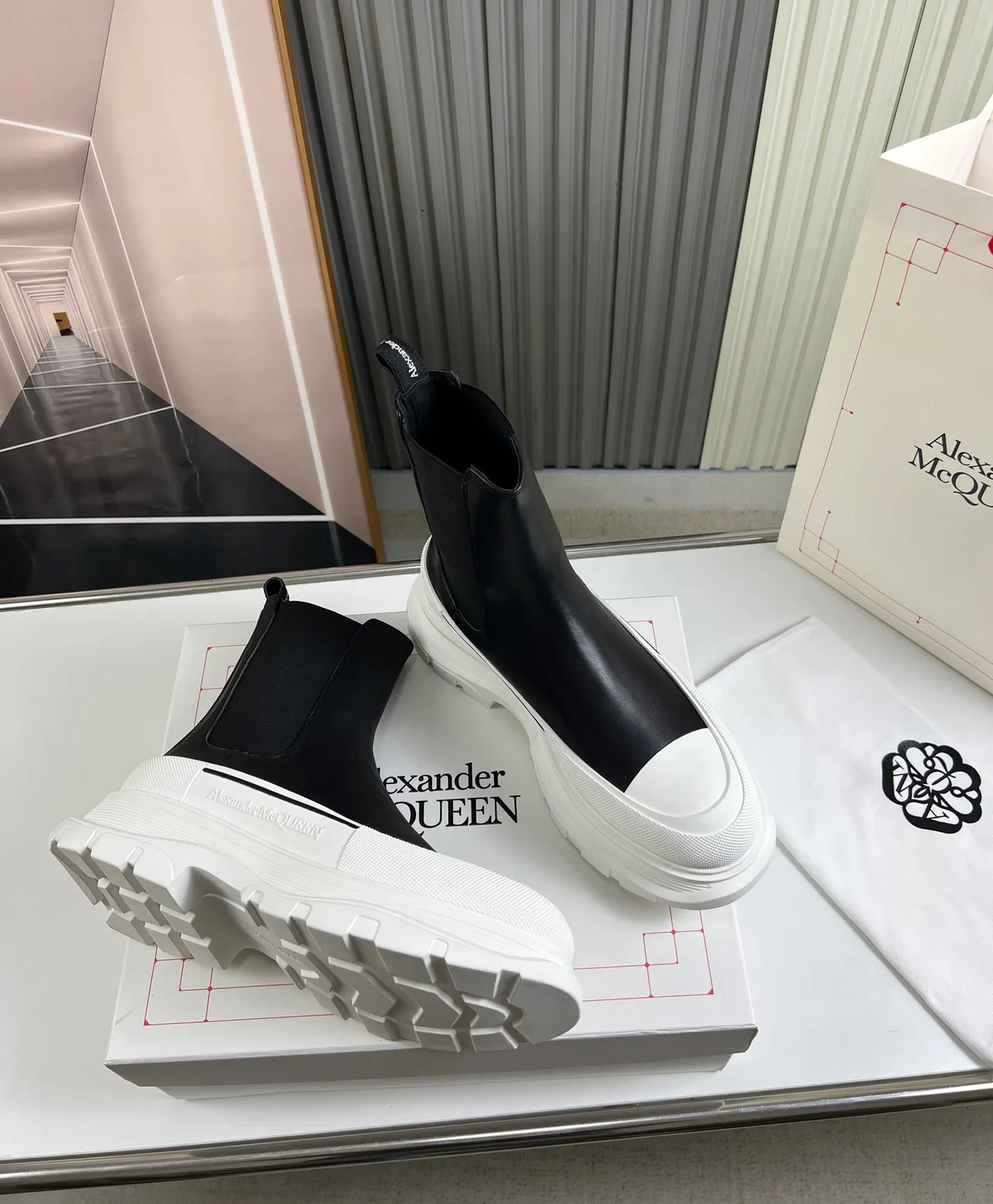 Alexander McQueen Black White Chunky Platform Sole Elastic Side Panels Chelsea Boots