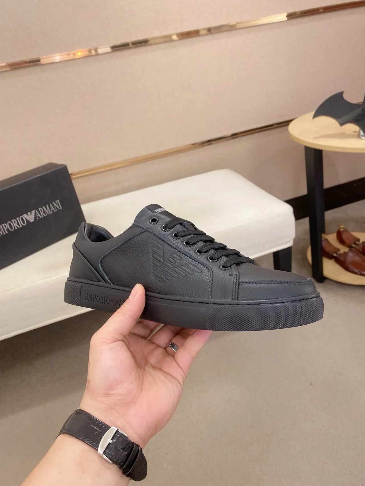 Emporio Armani Black Leather Eagle Logo Lifestyle Sneakers