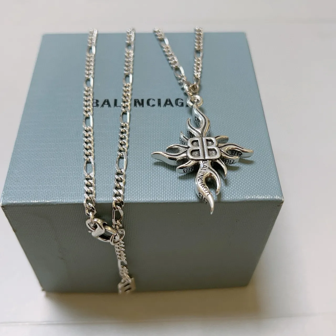 Balenciaga Flame BB Pendant Silver Chain Necklace