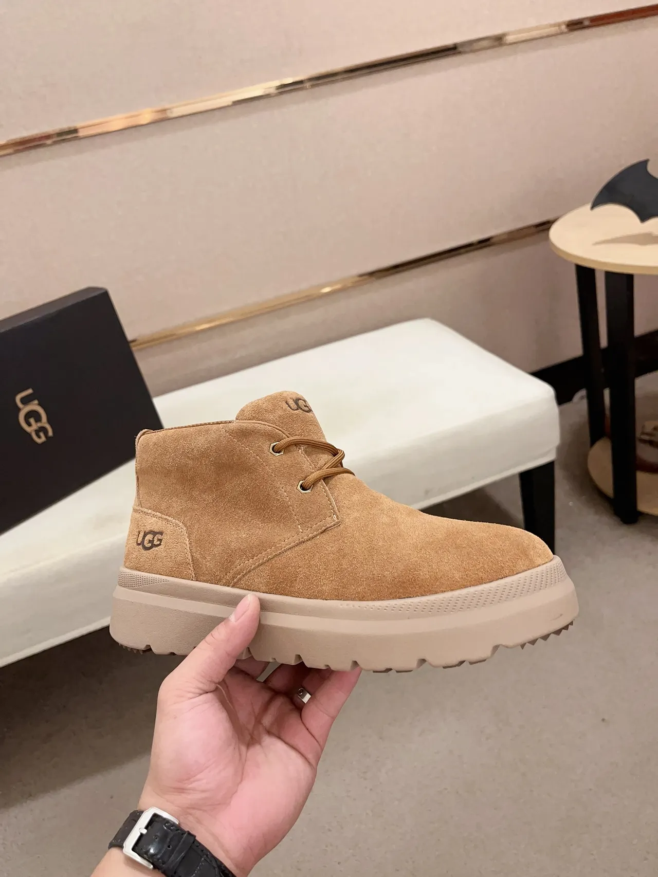UGG Tasman Beige White Suede Upper Chunky Platform Sole Ankle Boots