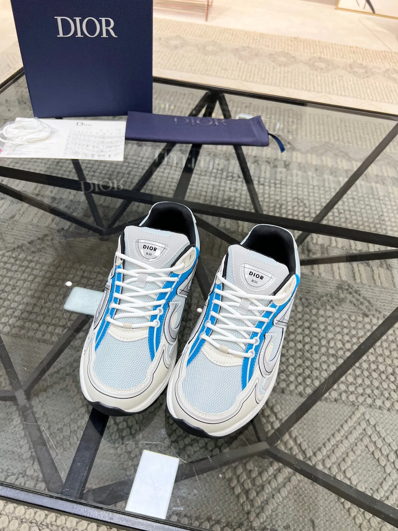 Dior B23 Blue Gray Oversized Logo Motif Layered Mesh And Synthetic Overlays Chunky Sneakers