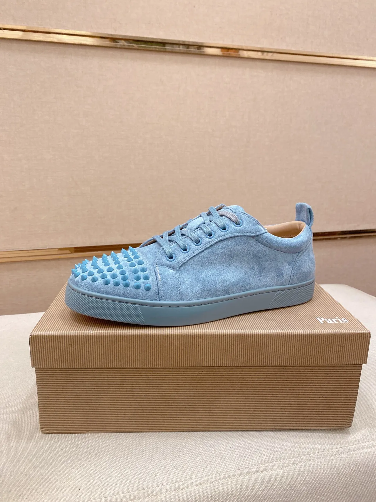Christian Louboutin Lou Spikes Light Blue Suede Lifestyle Sneakers