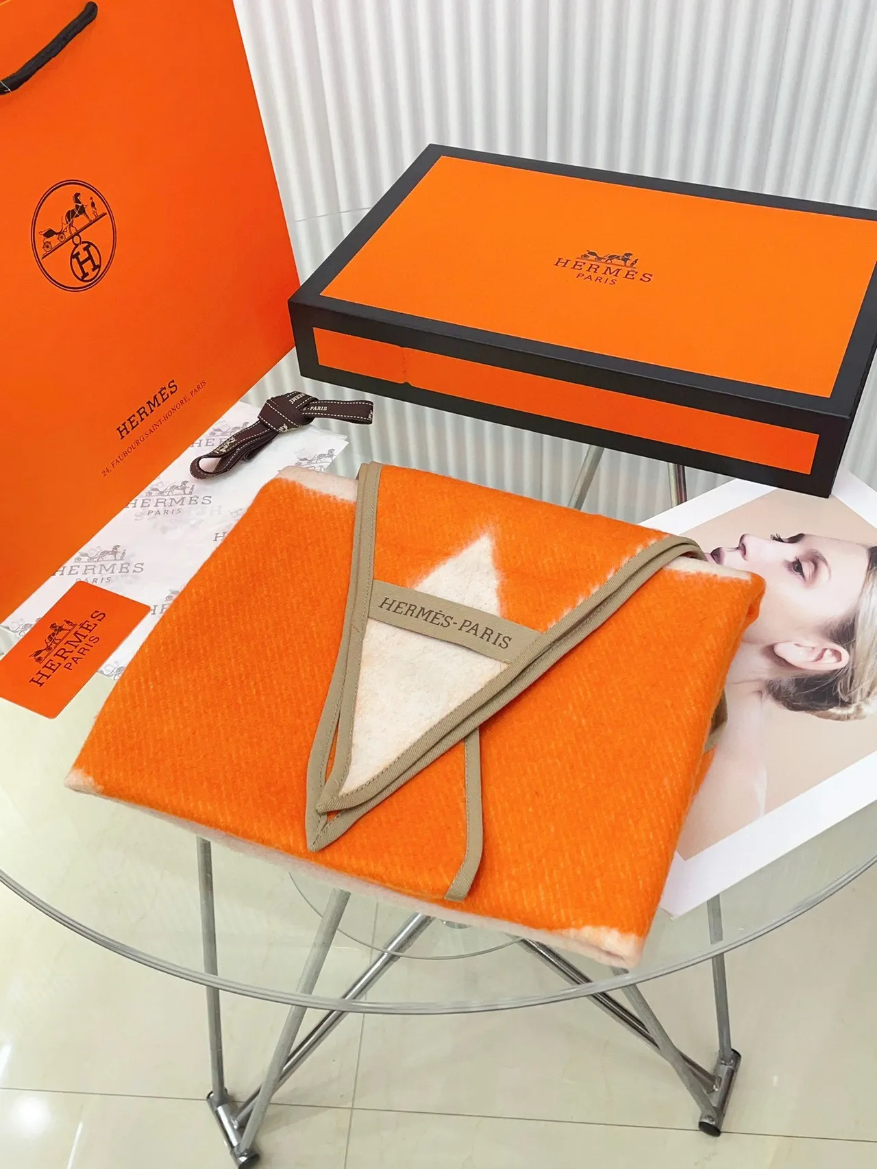 Hermès Orange Beige Geometric Patterned Wool-Blend Texture Shawl