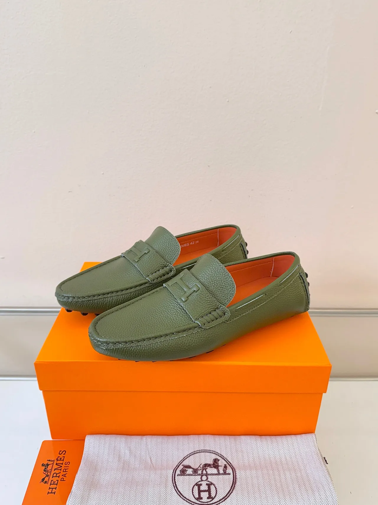 Hermès Oran Loafer Olive Green Pebbled Leather Loafers