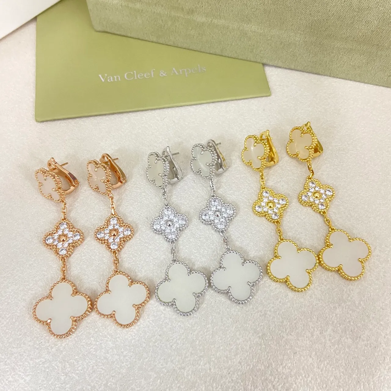 Van Cleef & Arpels Alhambra Multicolor Stone Inlay Dangling Earrings