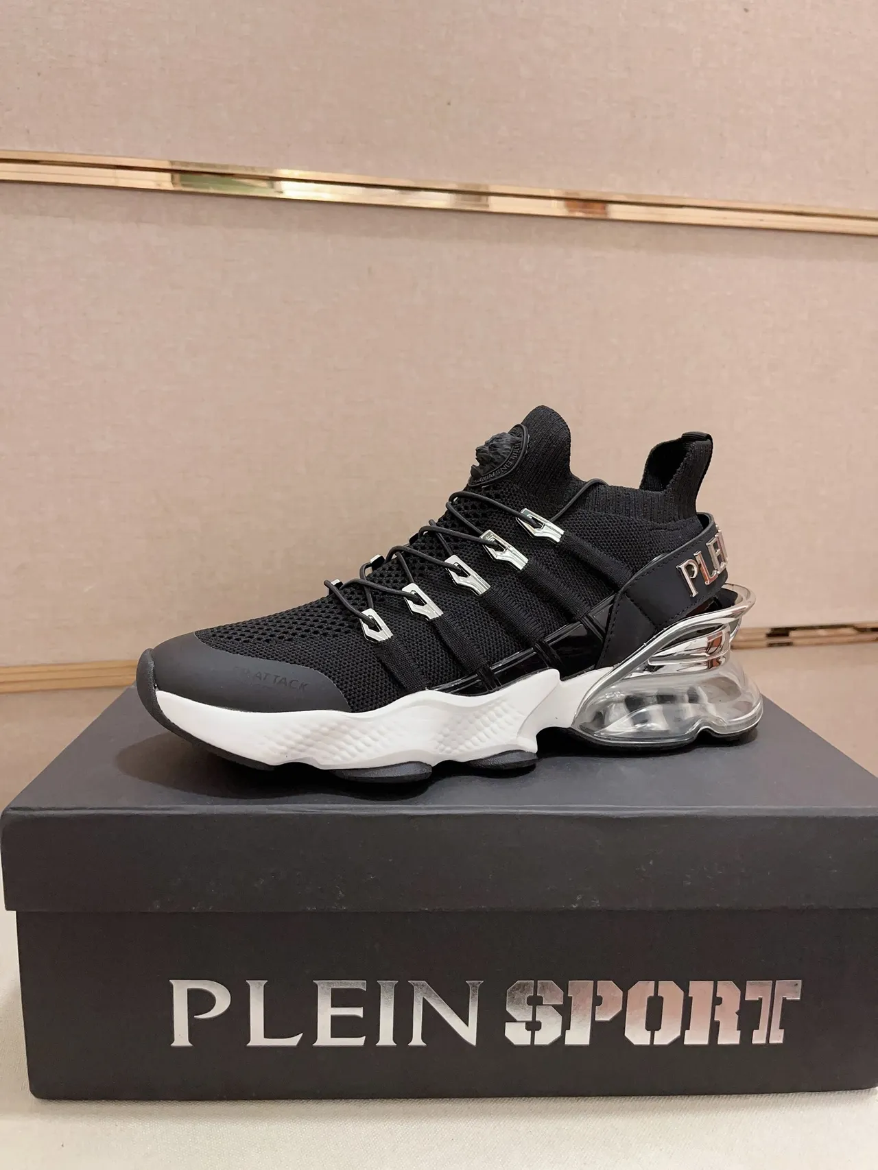 Philipp Plein Black White Knit Sock-Like Upper Metallic D-Ring Lacing System Chunky Sneakers