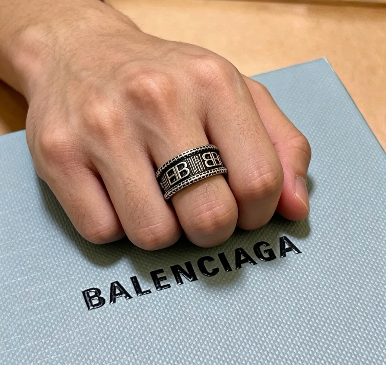Balenciaga Logo Ring Silver Black Wide Band Engraved Ring