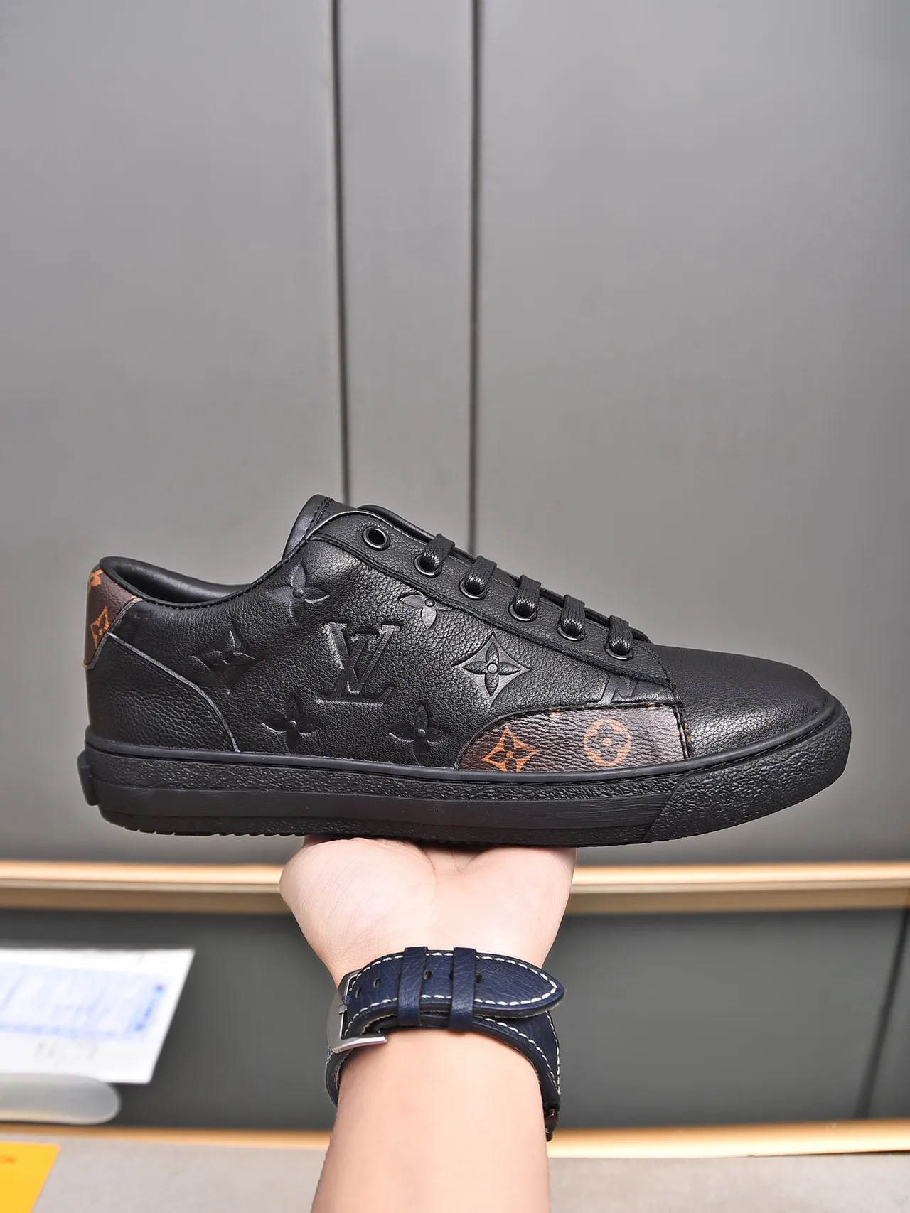 Louis Vuitton LV Trainer Black Brown Embossed Monogram Leather Canvas Accents Lifestyle Sneakers