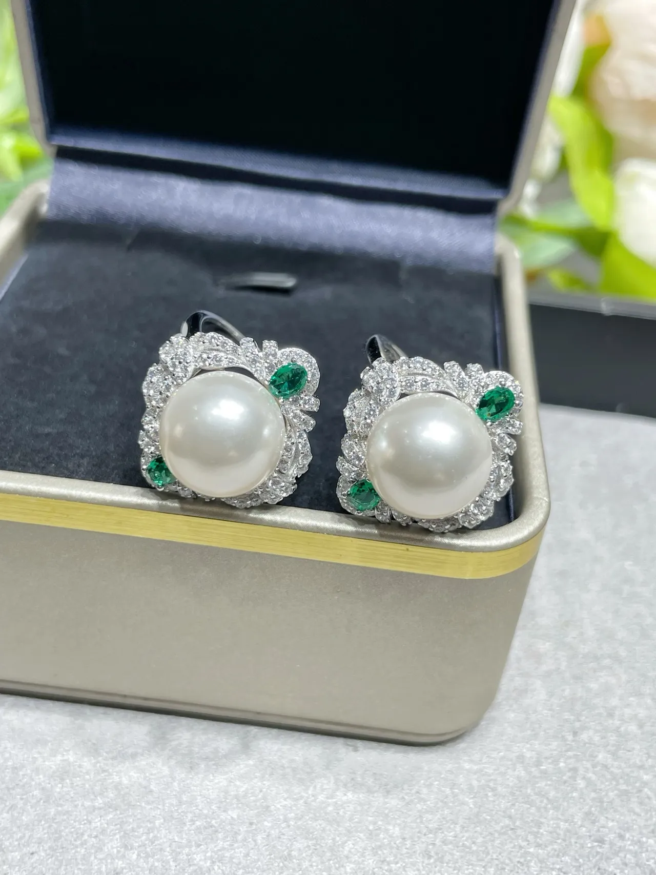 Pearl and Emerald Pavé Halo Earrings