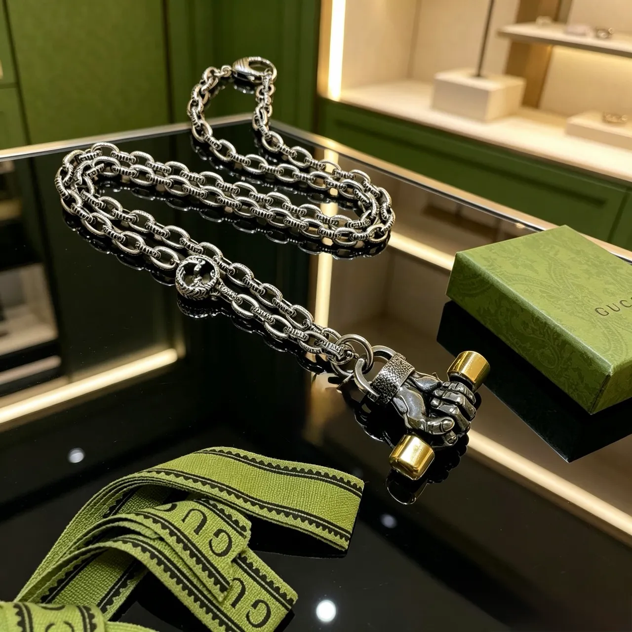 Gucci Fist Pendant Silver Gold Oxidized Chain Sculpted Necklace