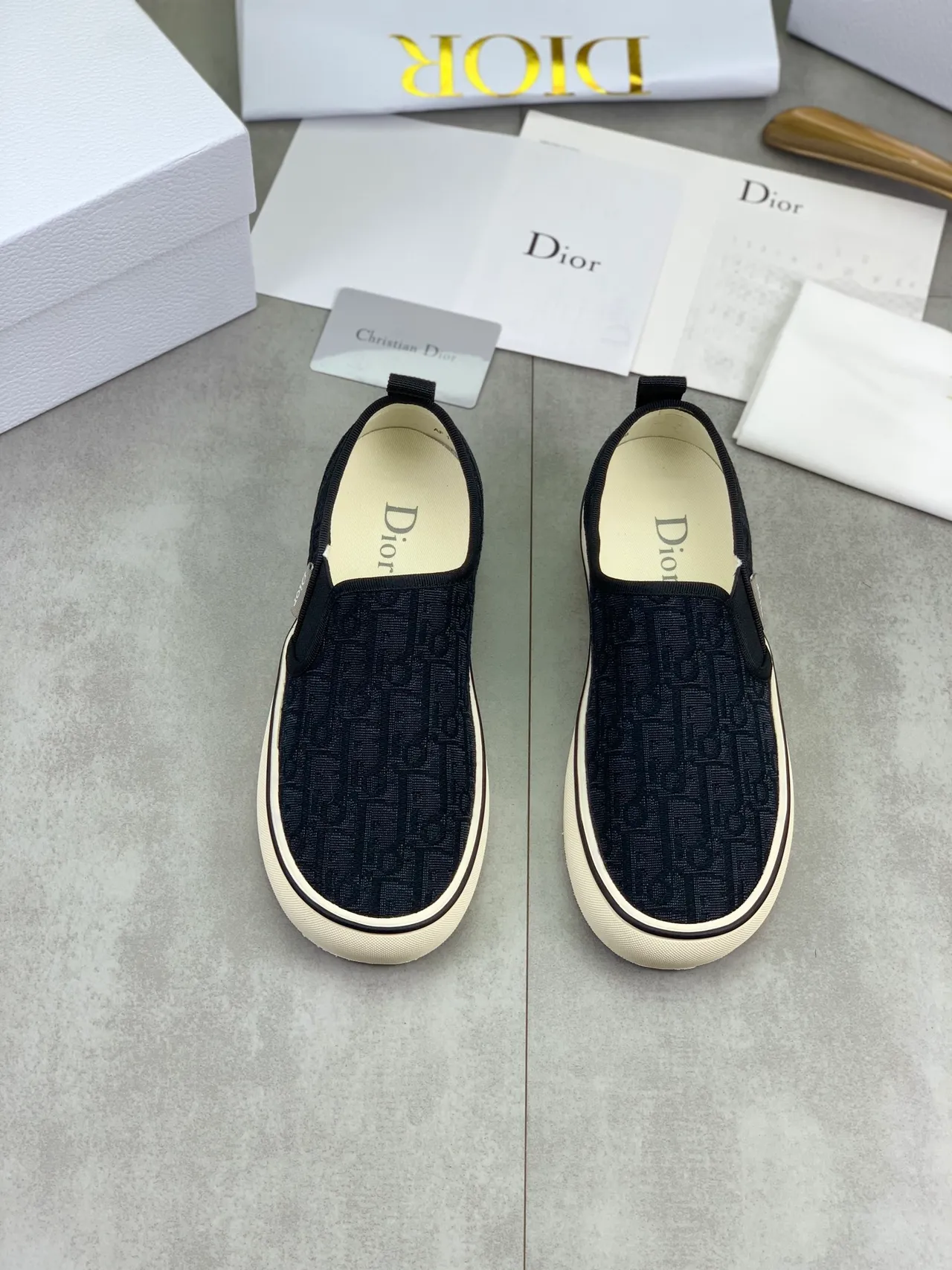 Dior Navy Beige Jacquard Oblique Pattern Slip-On Canvas Shoes