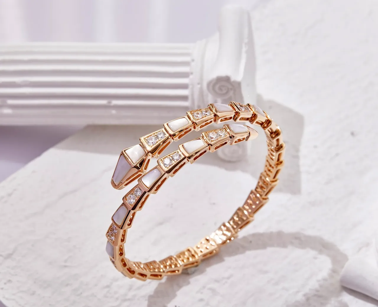 Bvlgari Serpenti Coiled Gold-Tone Mother-of-Pearl and Crystal Bracelet