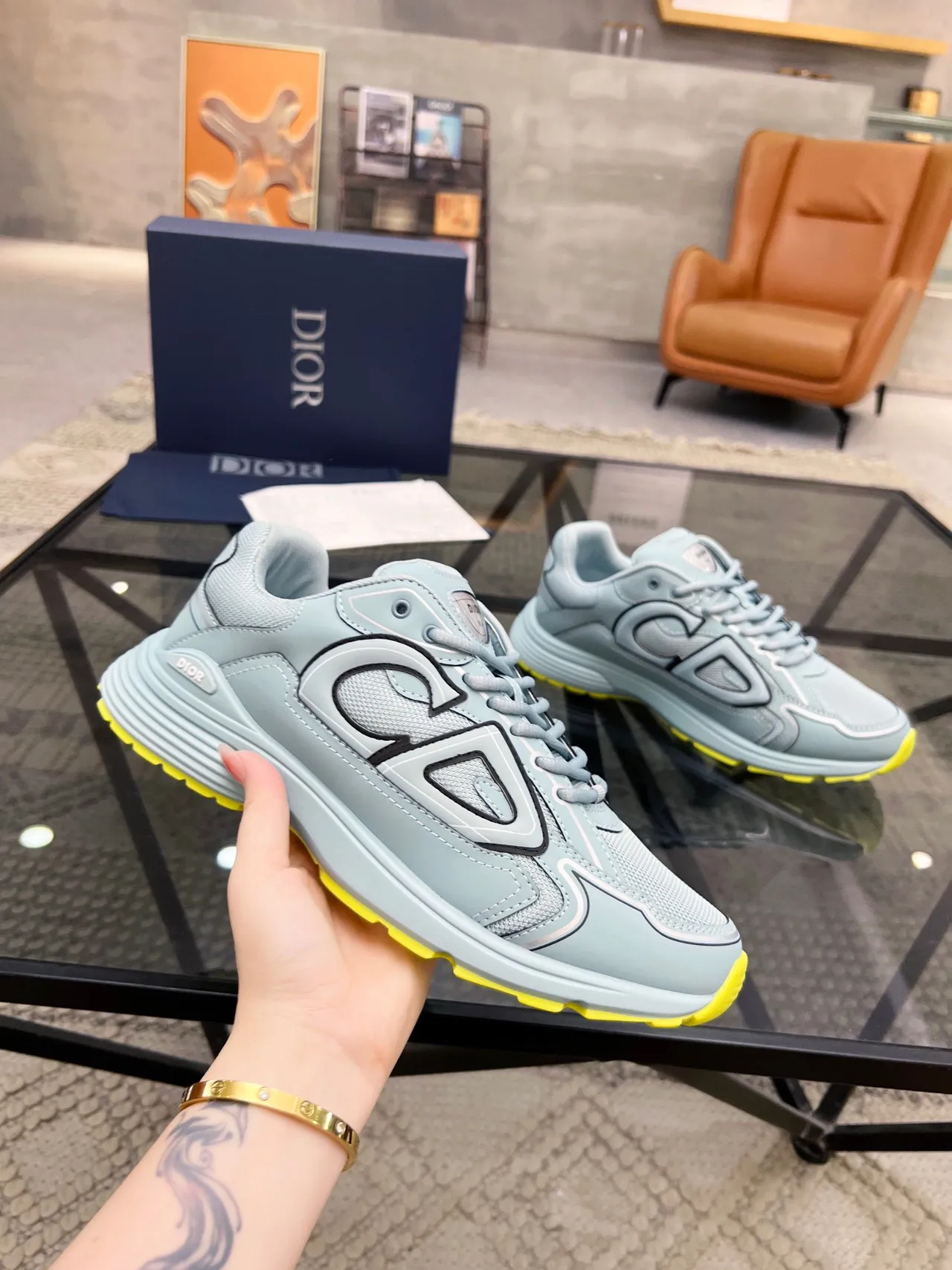 Dior B23 Oversized CD Logo Light Gray and Yellow Chunky Sneakers