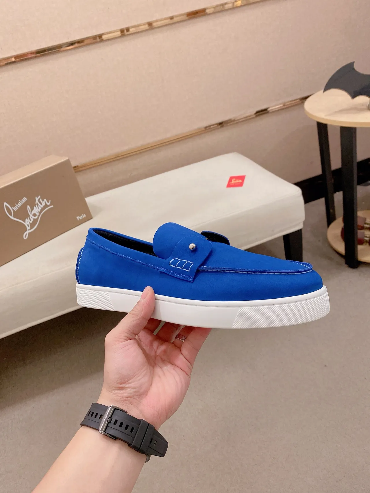 Blue White Suede-Like Upper Contrast Stitching Loafer
