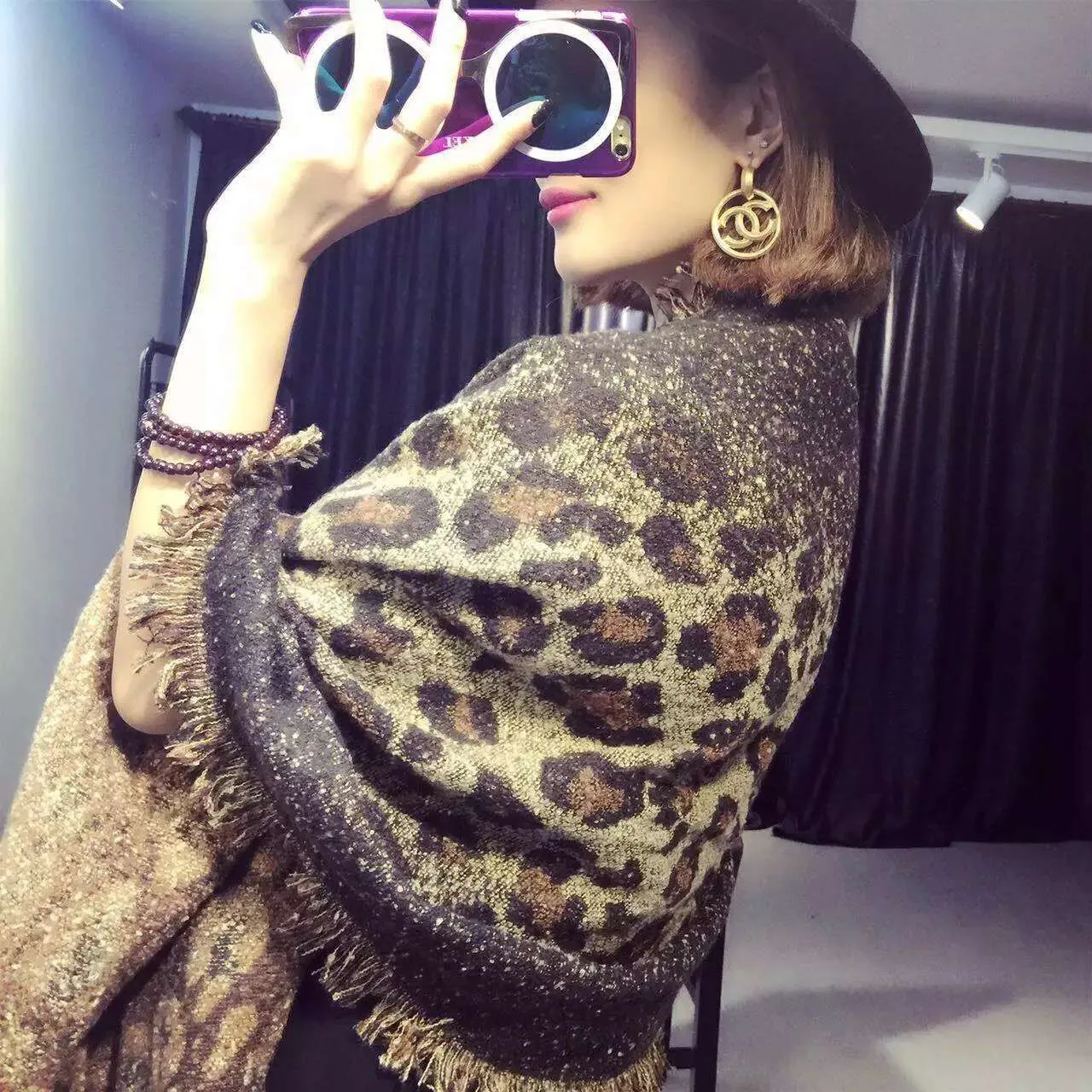 Beige Brown Knitted Leopard Print Scarve
