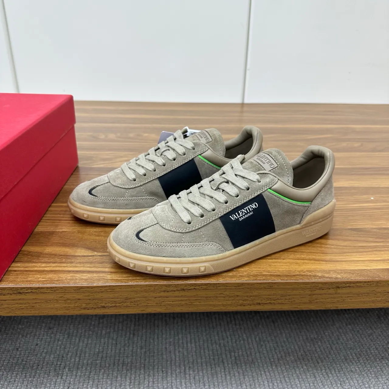 Valentino Beige Navy Suede Upper Side Stripe Lifestyle Sneakers