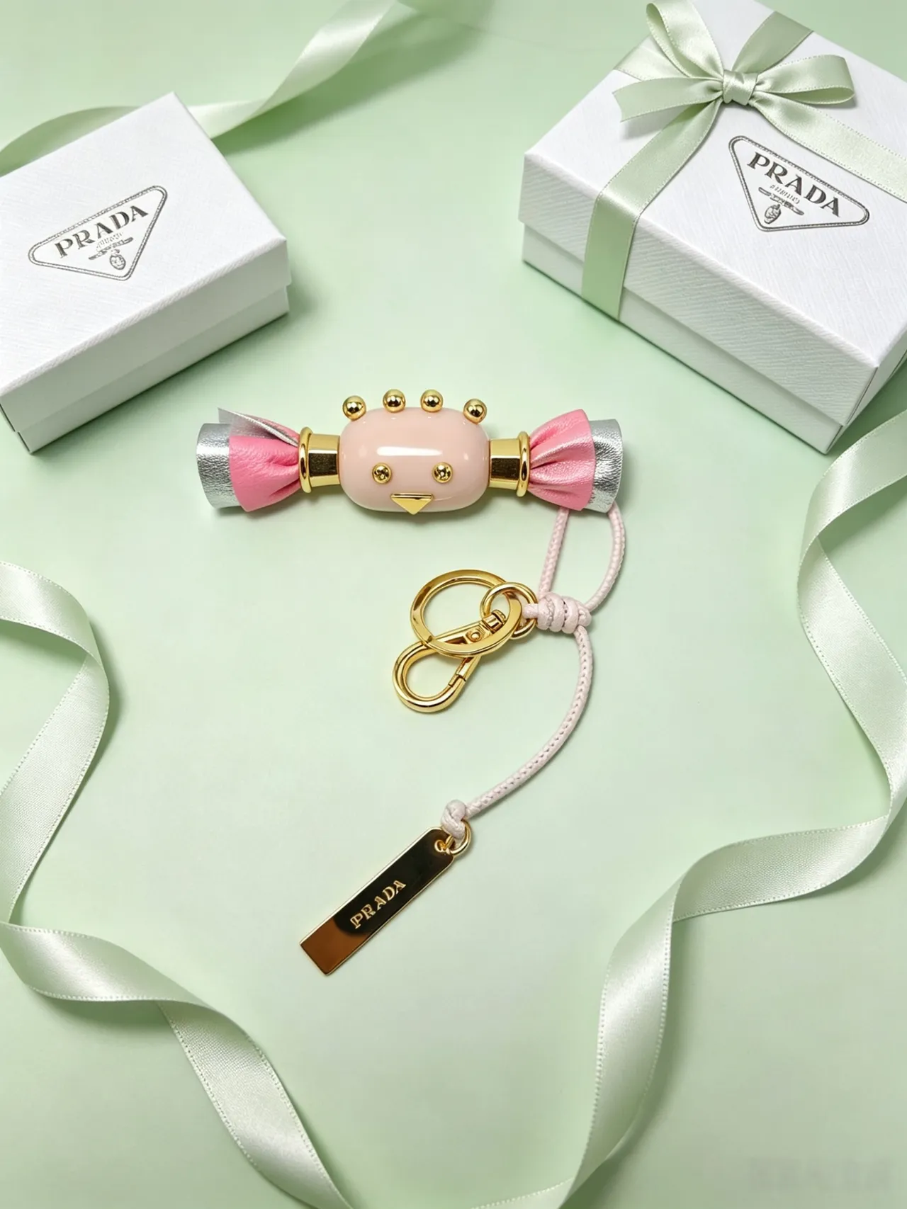 Prada Pink Gold Candy-Shaped Charm Leather Bow Detail Crossbody Bag