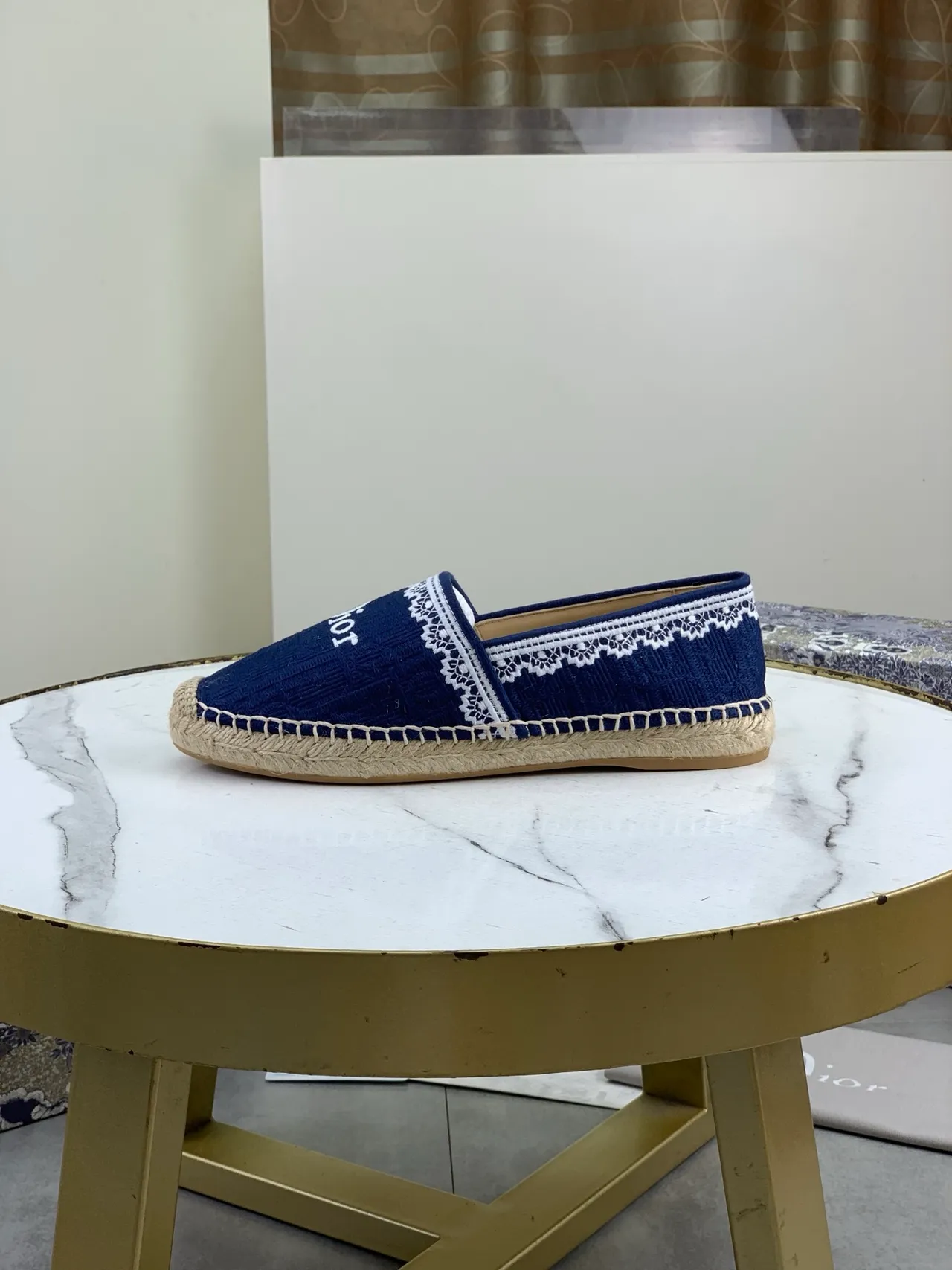 Dior Navy Woven Lace-Trimmed Espadrille Boat Shoes