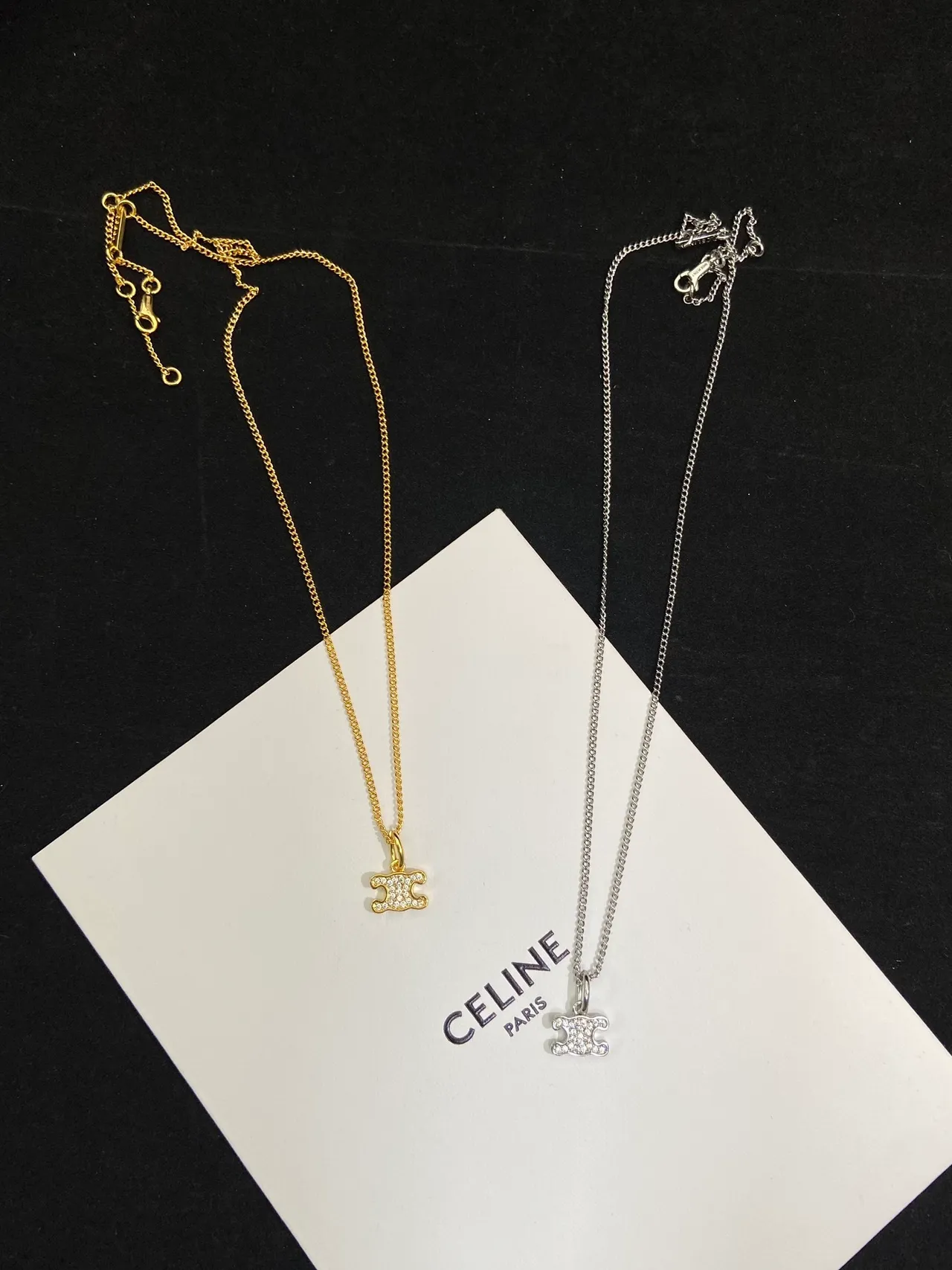 Celine Triomphe Gold Silver Logo Pendant Chain Necklace