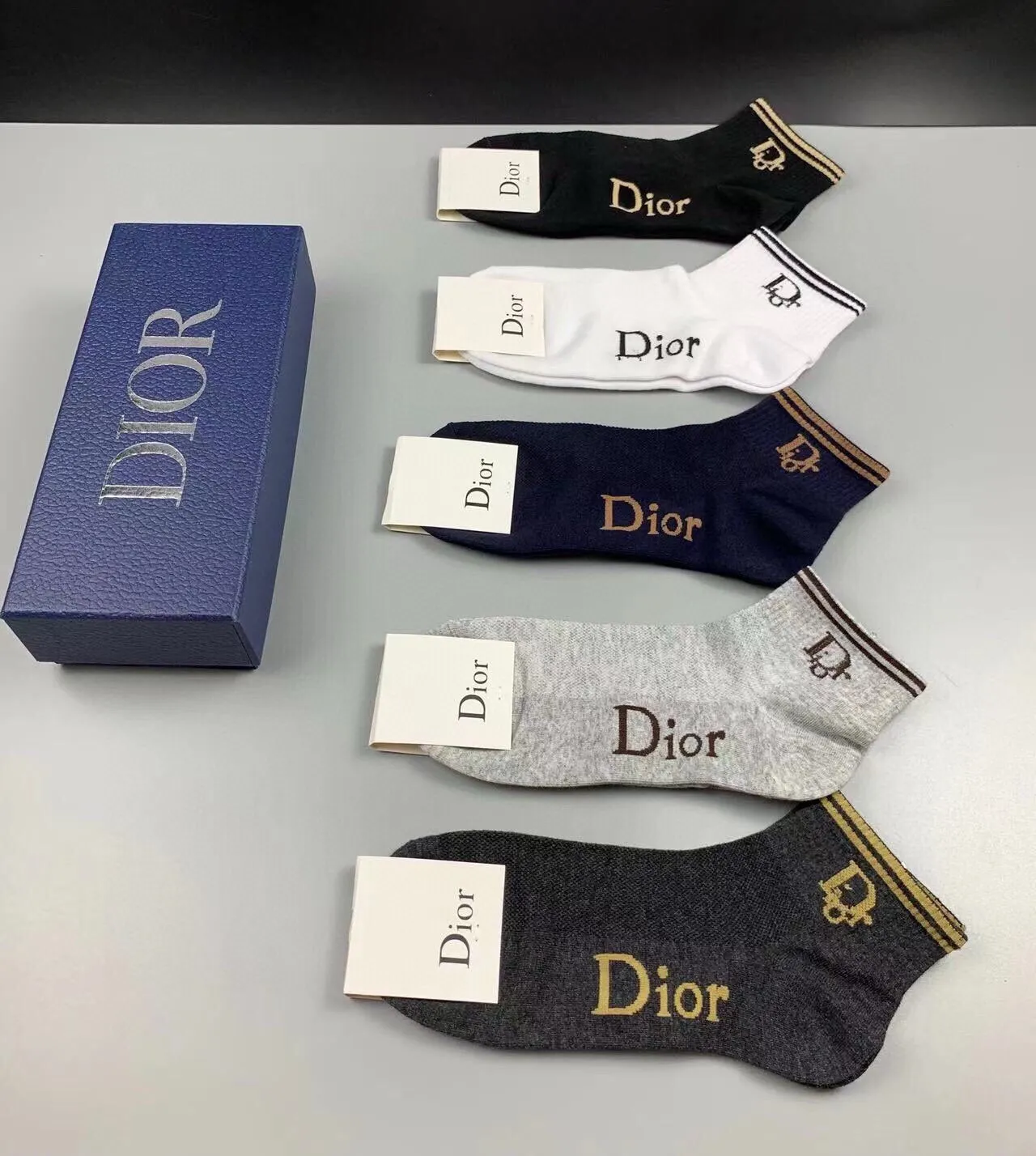 Dior Gray Navy Logo-Embroidered Ribbed Cuff Socks