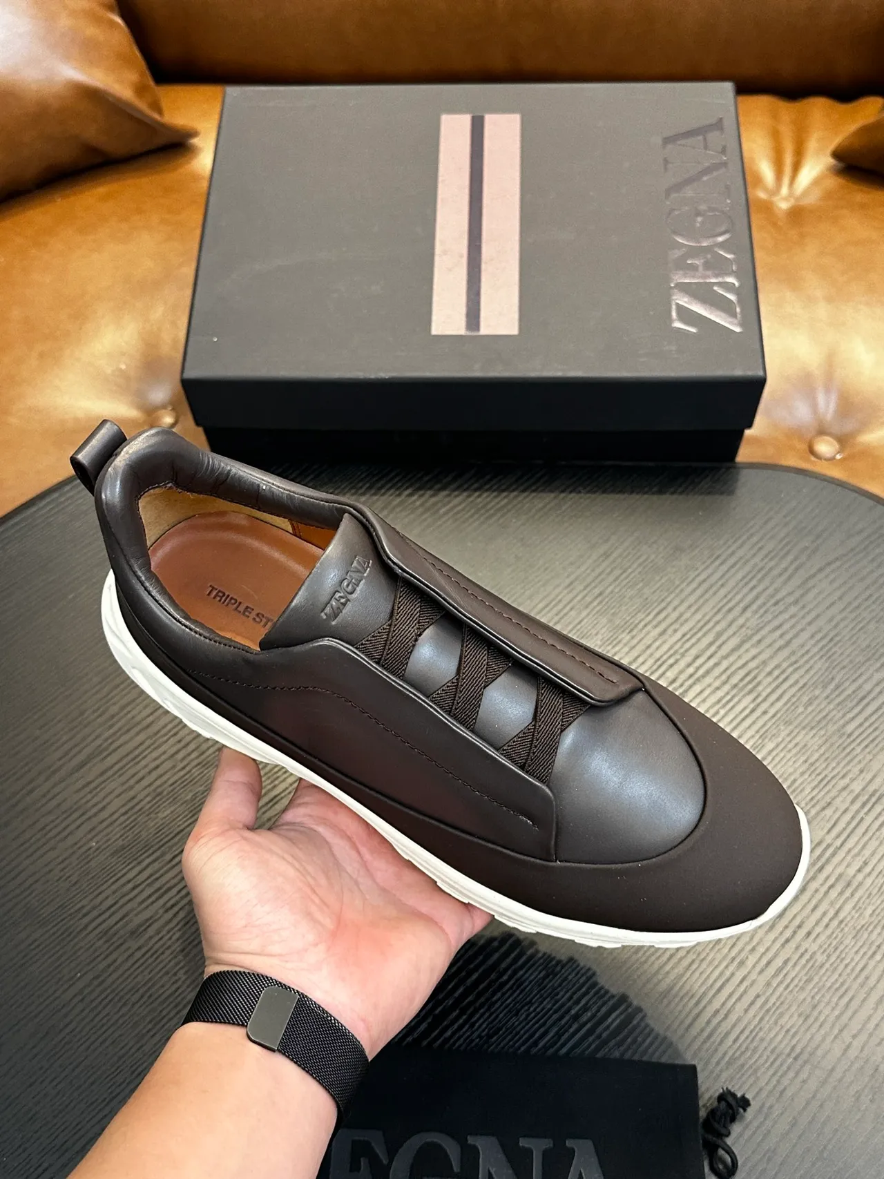 Zegna Brown White Slip-On Leather Upper Lifestyle Sneakers