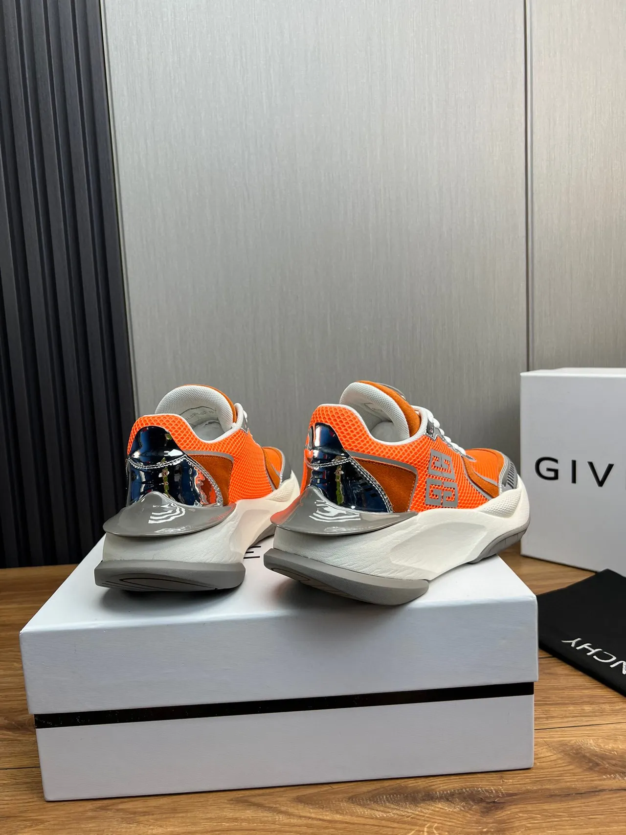 Givenchy Orange Silver Sole Mesh And Suede Upper Chunky Sneakers
