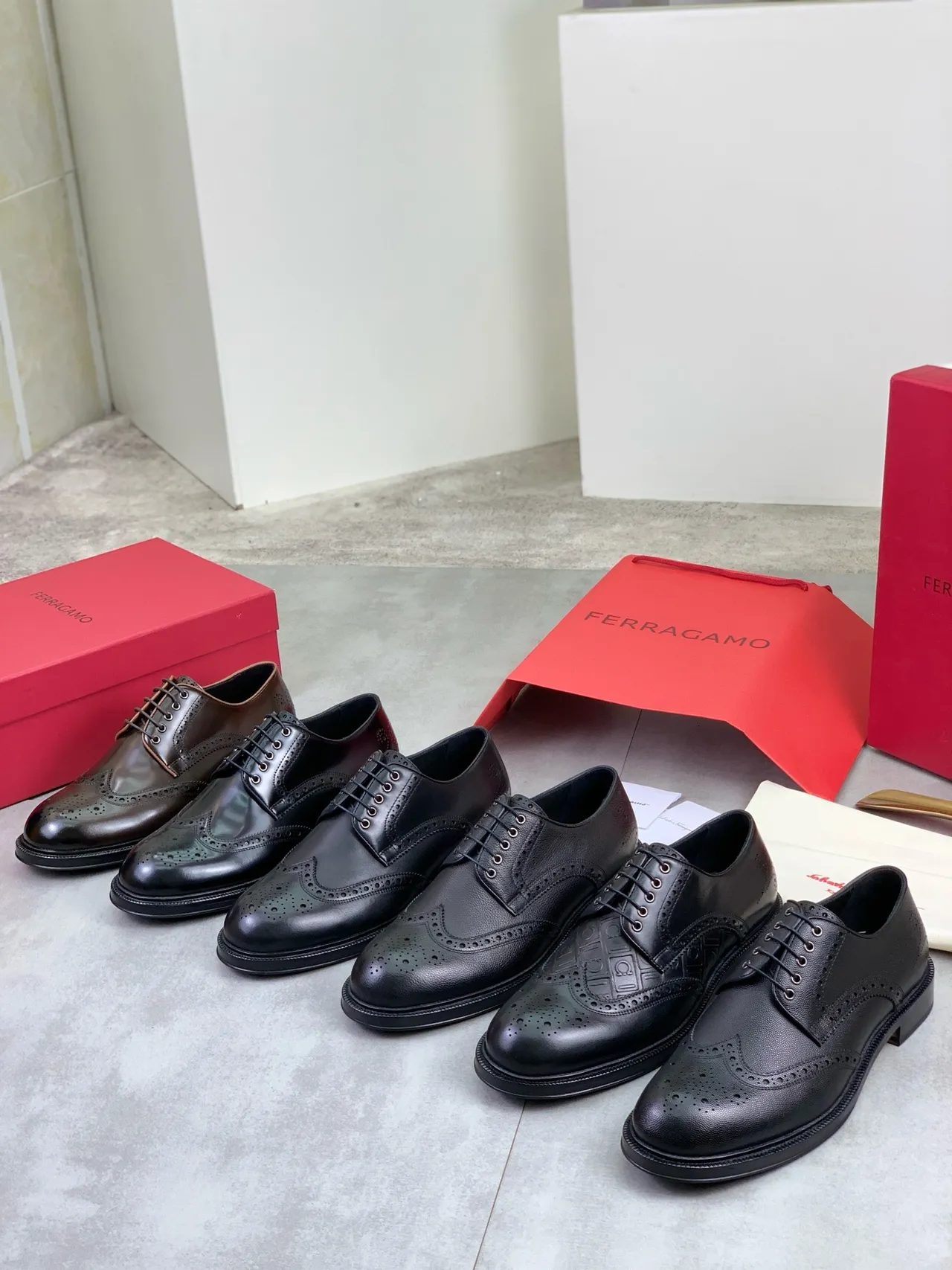 Salvatore Ferragamo Full Brogue Wingtip Black Pebbled Leather Brogues