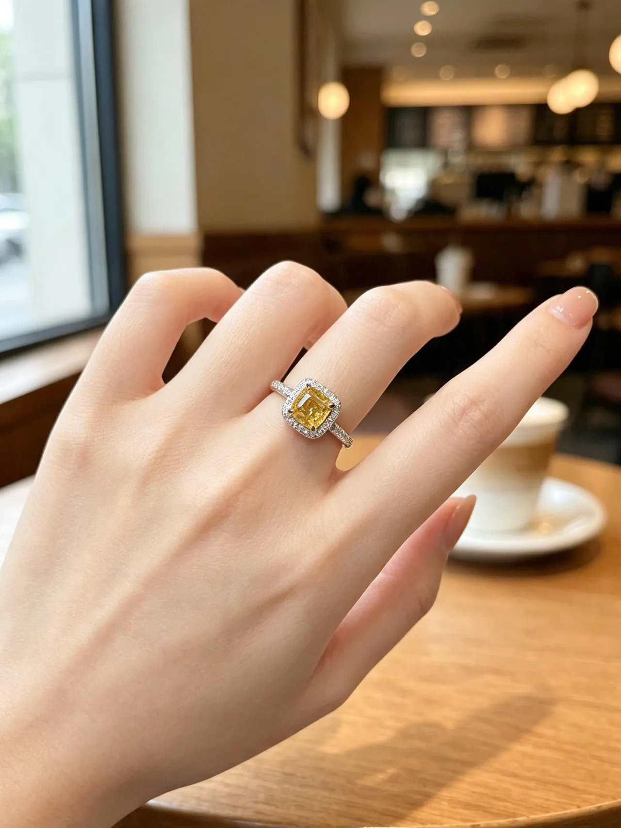 Yellow Silver Cushion-Cut Center Stone Halo Setting Ring