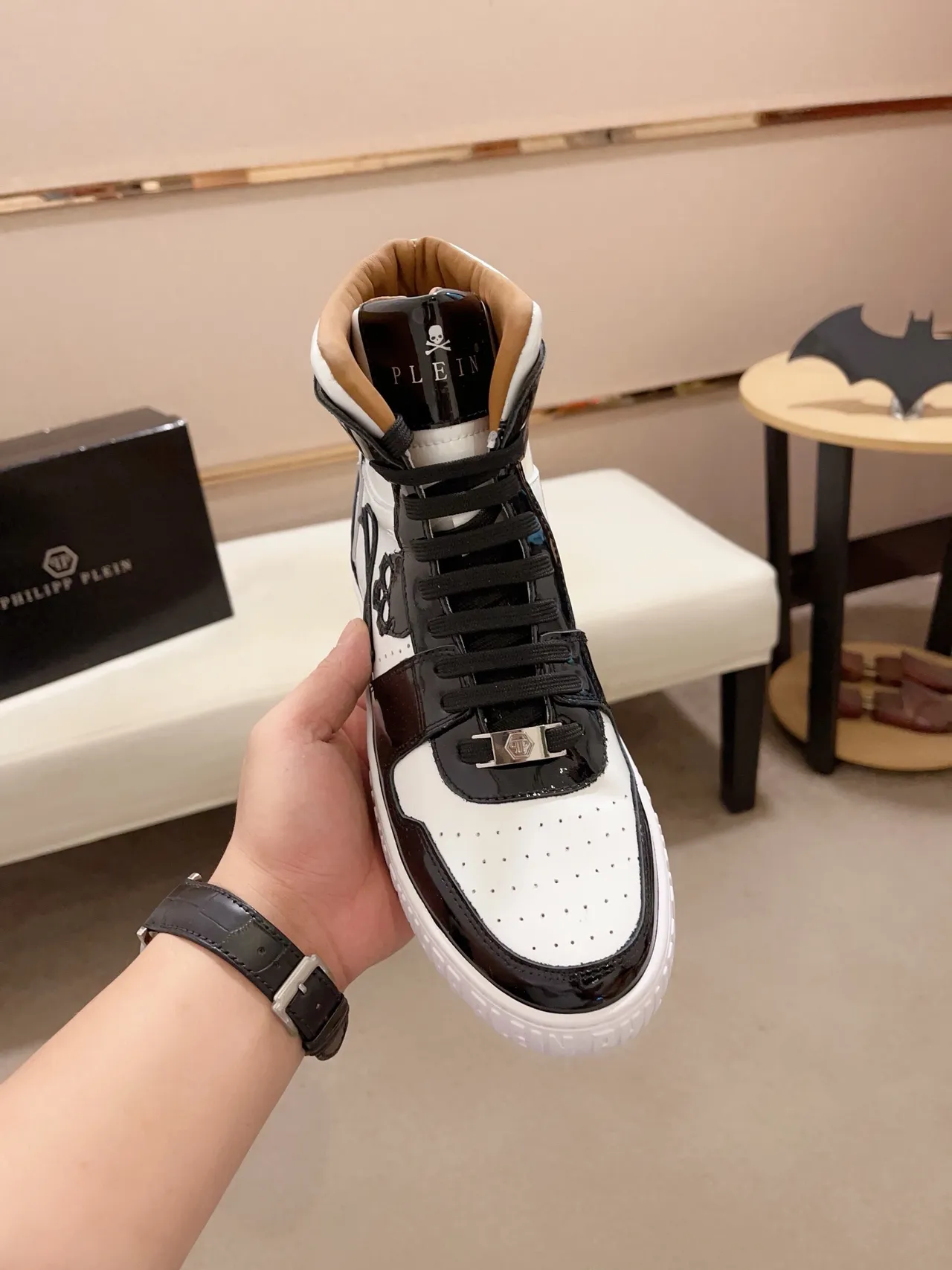 Philipp Plein Black White High-Top Patent Leather Lifestyle Sneakers