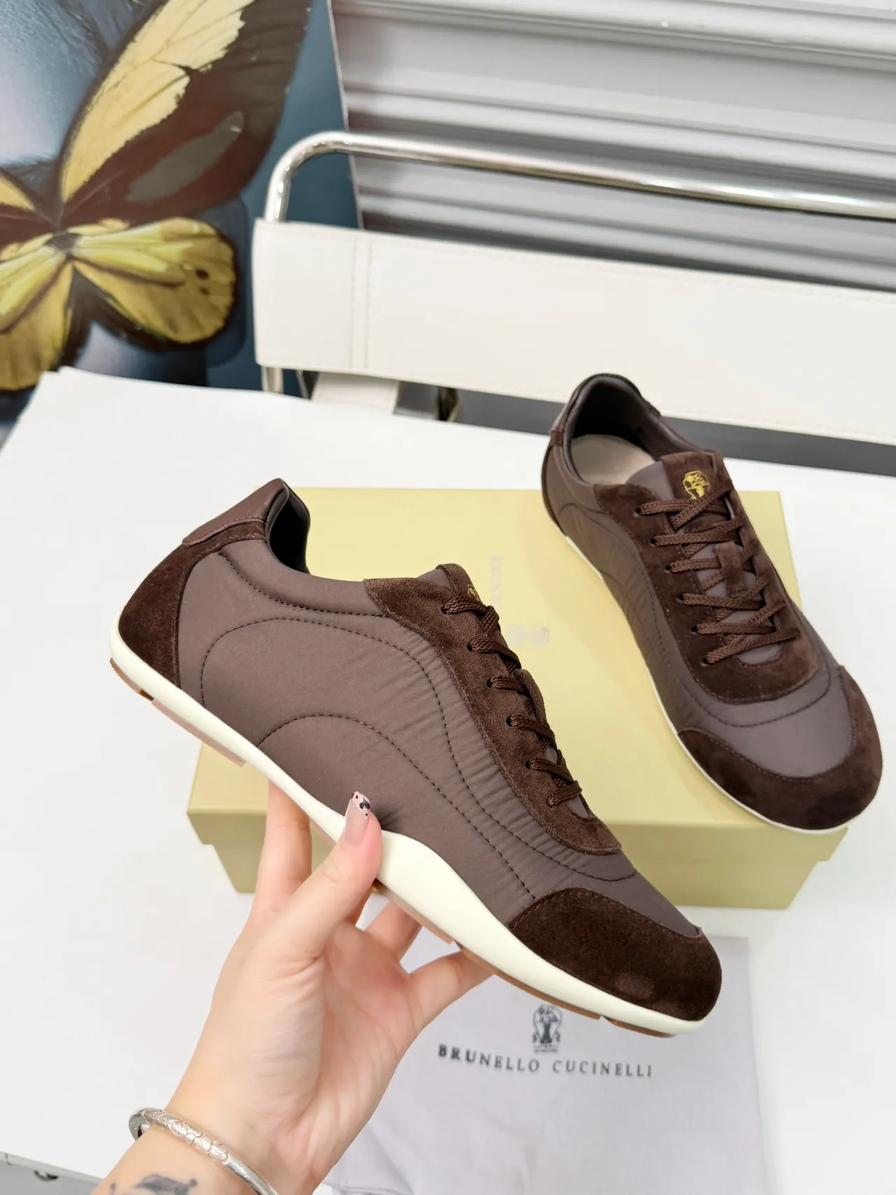 Brunello Cucinelli Brown Suede and Textile Low-Top Lifestyle Sneakers